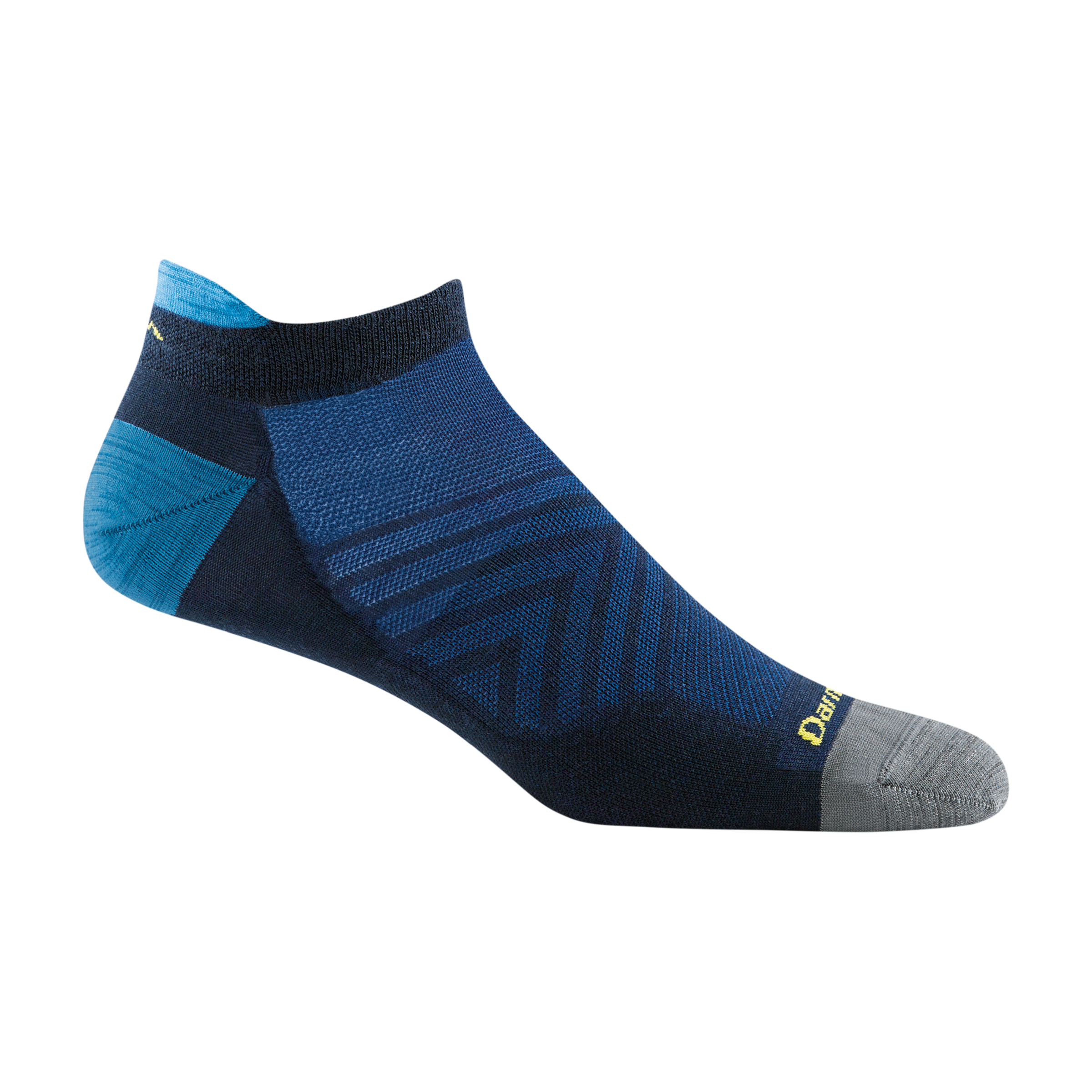 1033 men's no show tab running sock in navy with gray toe, blue accents and yellow darn tough signature on forefoot
