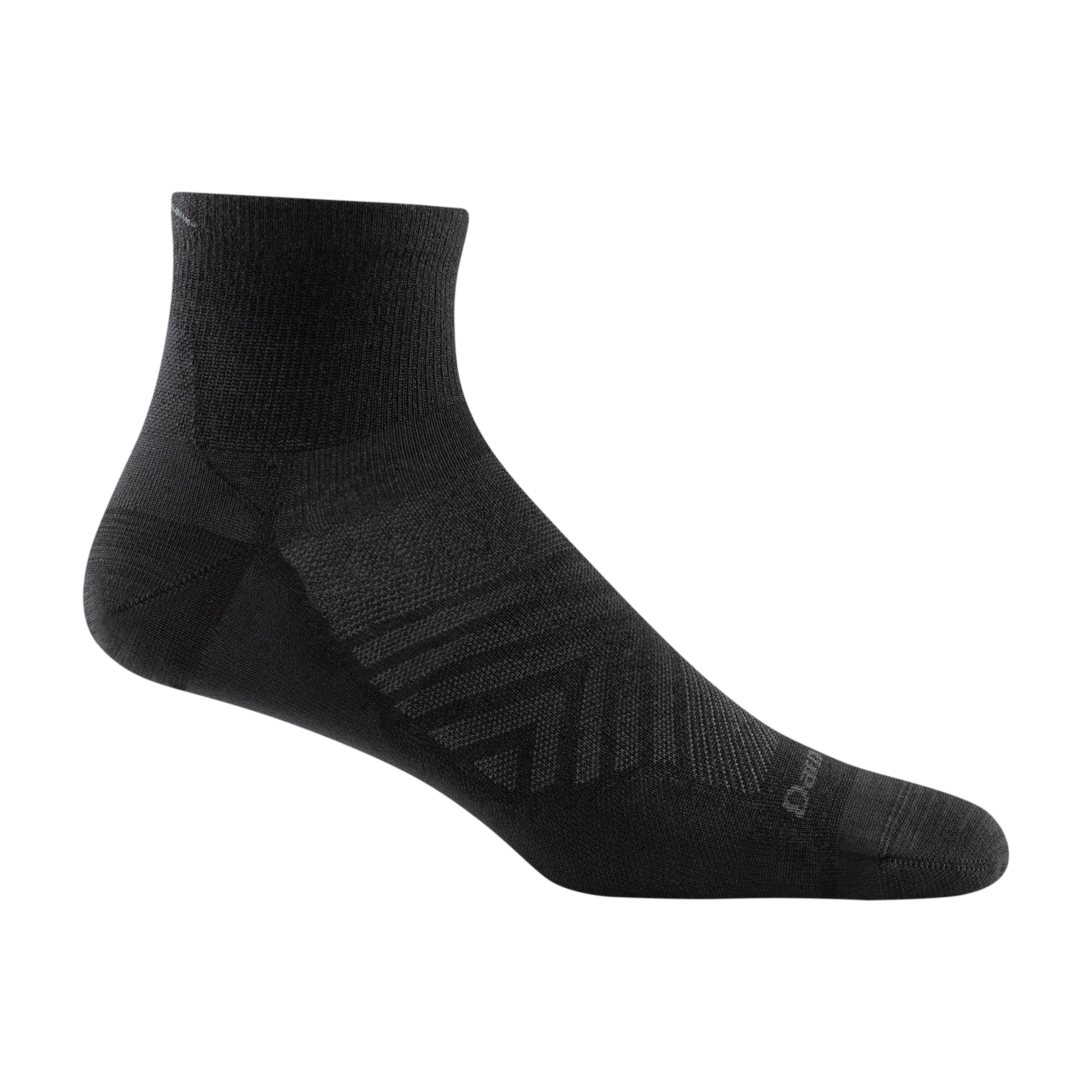1034 men's quarter running sock in color black with gray chevron and darn tough signature on forefoot