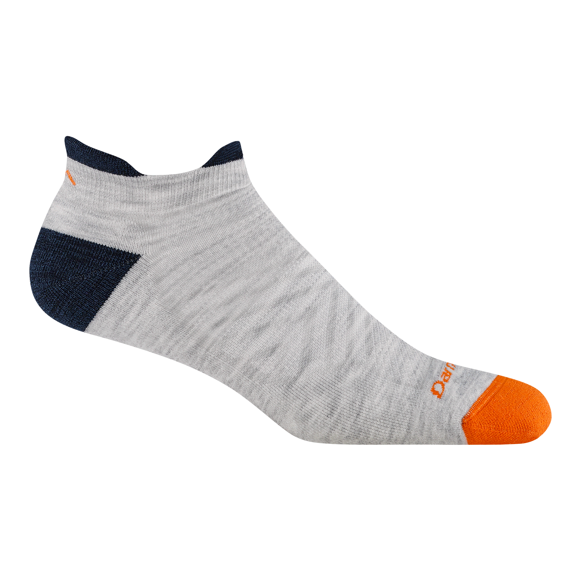 1039 men's no show tab running sock in Ash with orange toe and black heel and tab accents