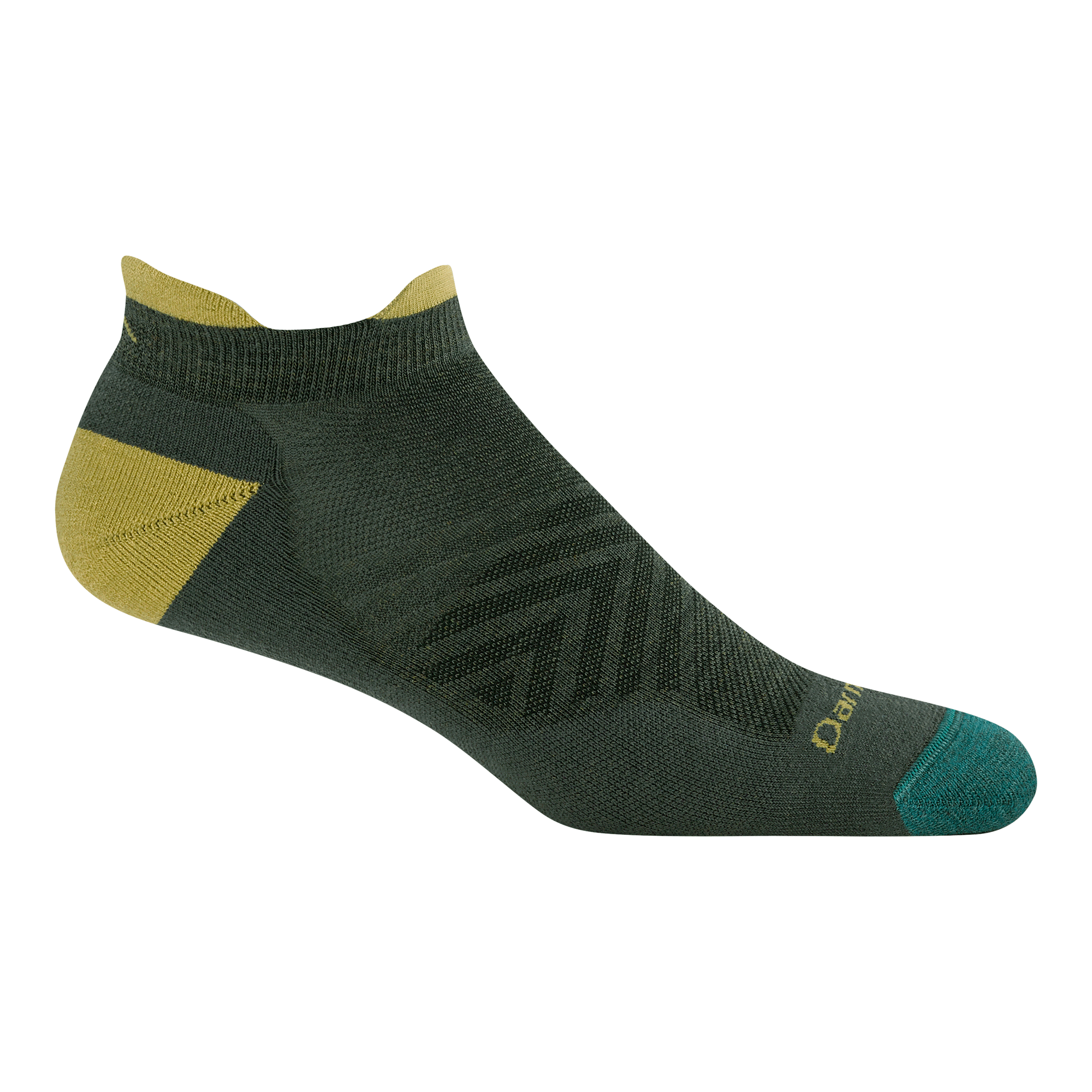 1039 ultra-lightweight no show run in forest colorway featuring a forest green body teal toe and yellow heel/tab/logo