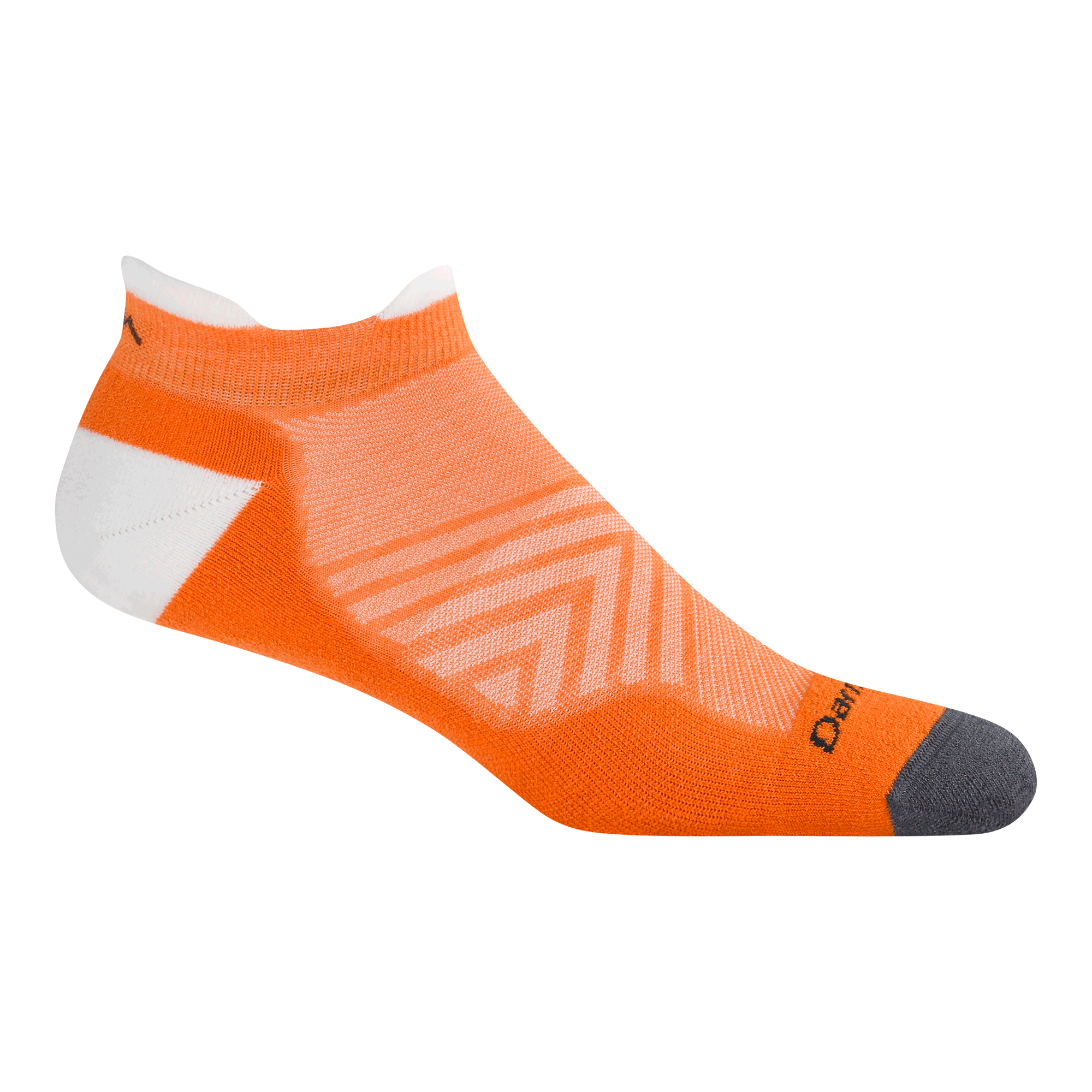 1039 ultra-lightweight no show run in tiger colorway featuring an orange body charcoal toe/logo and white heel/tab