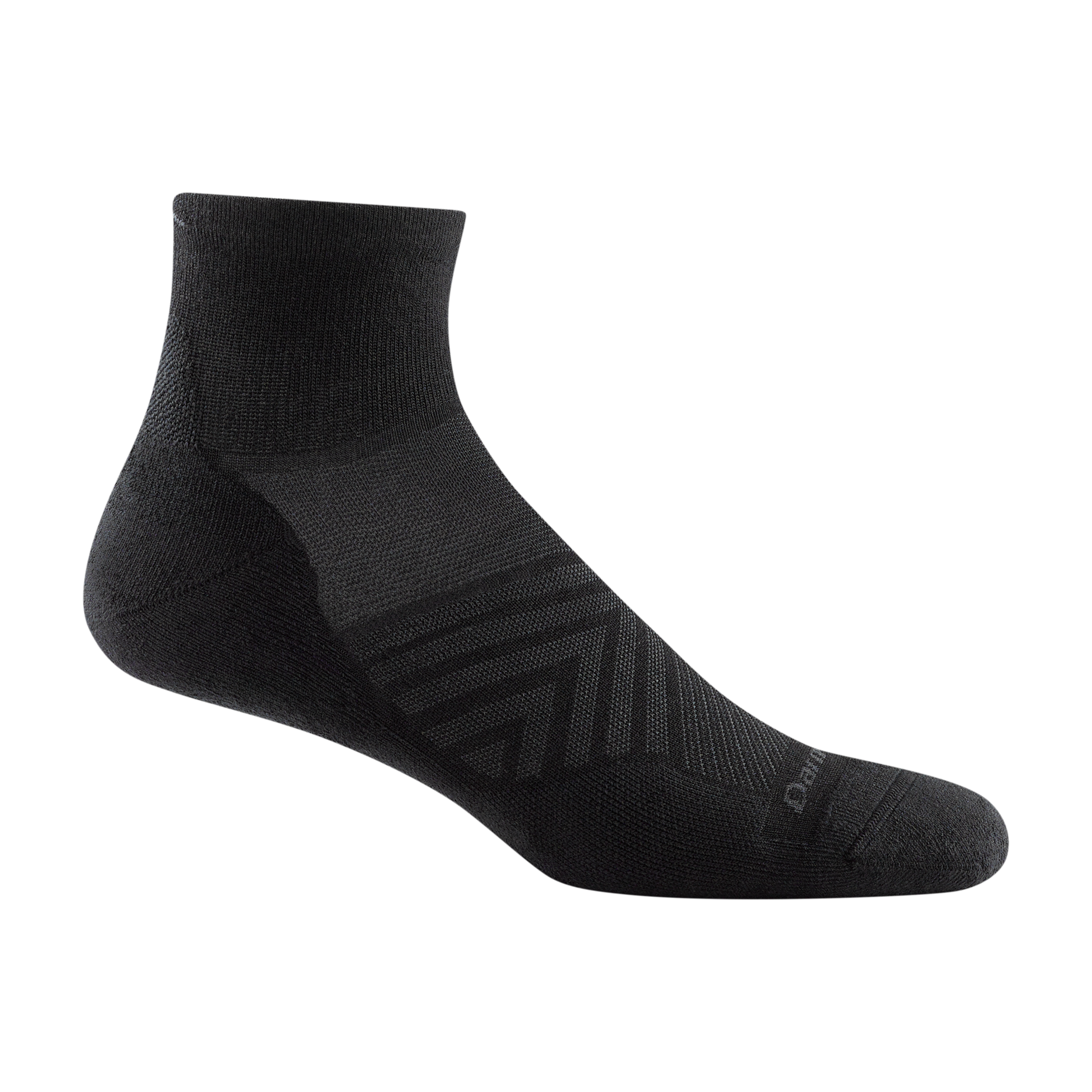 1040 men's quarter running sock in color black with gray chevron forefoot detailing and darn tough signature
