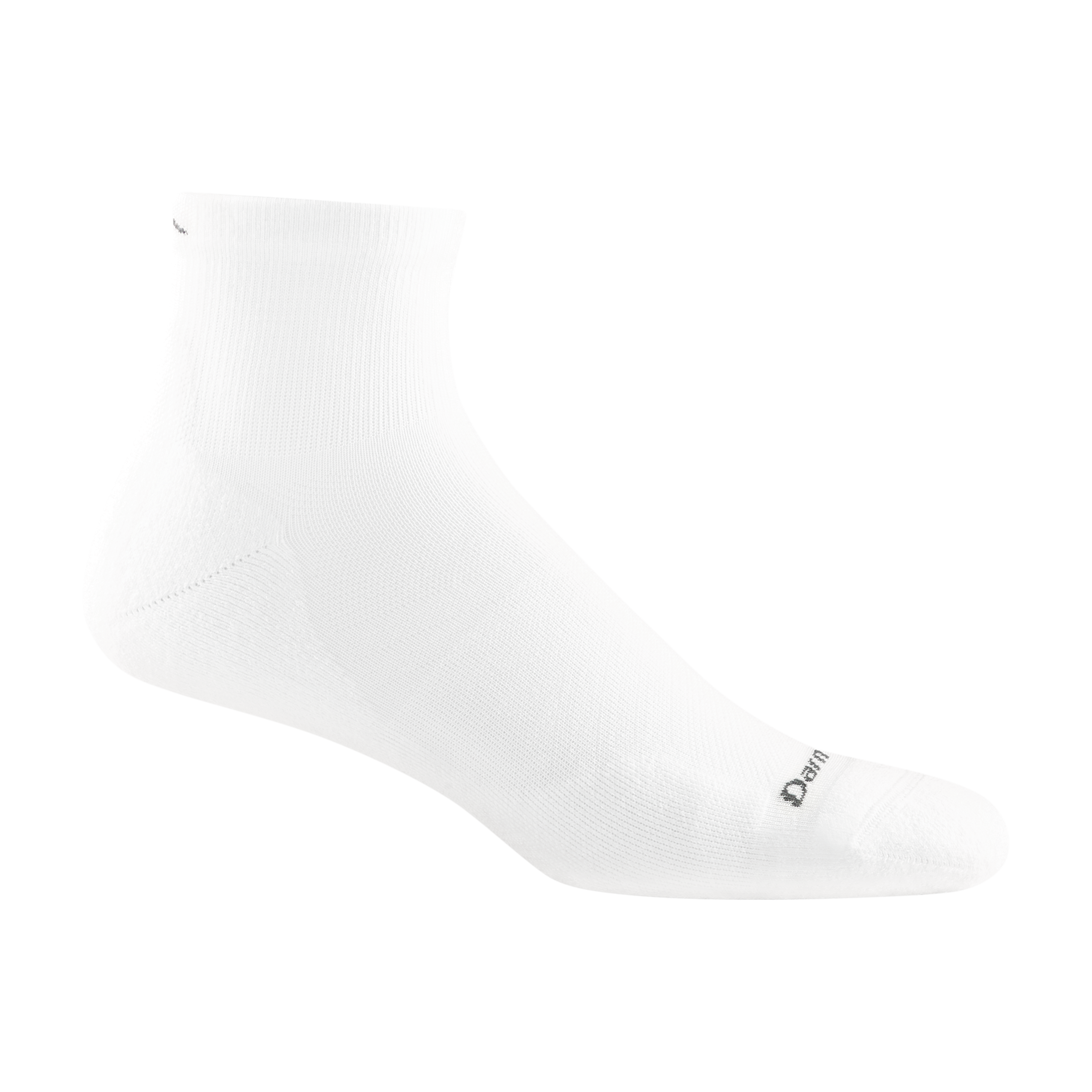 1040 men's quarter running sock in white with dark gray darn tough signature on forefoot