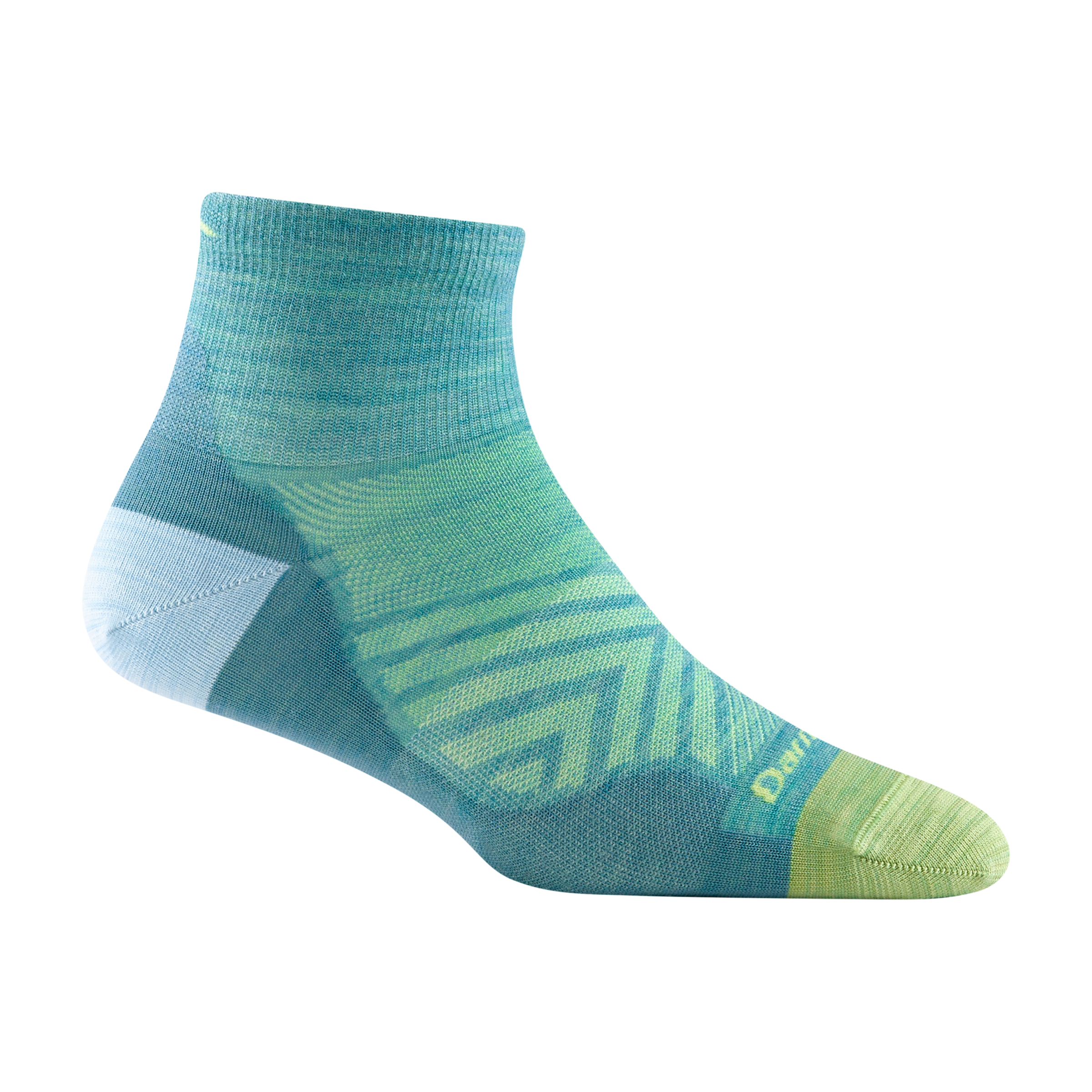 1044 women's quarter running sock in color aqua with green toe and forefoot detailing and light blue heel