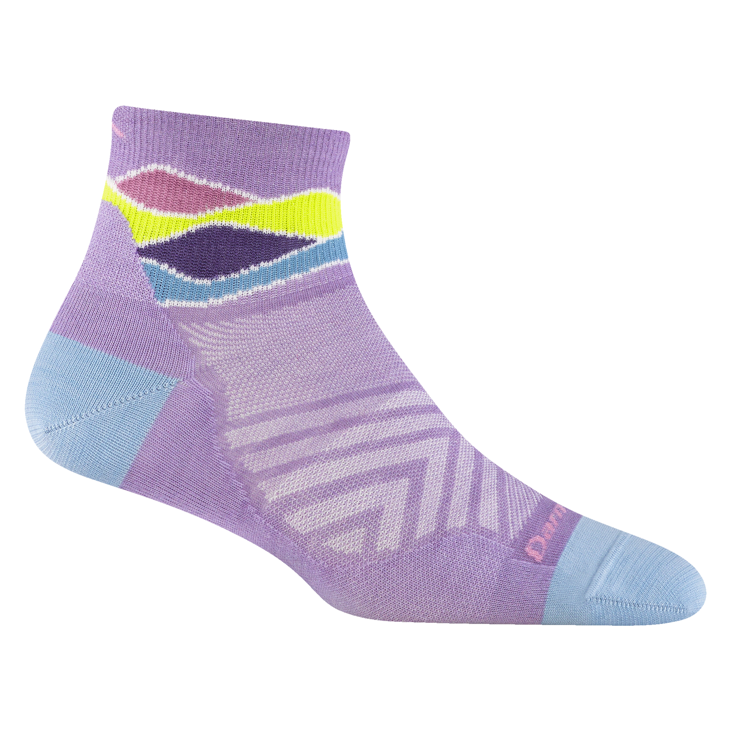 1044 women's quarter running sock in color lavender with blue toe and cuff detailing and light blue heel