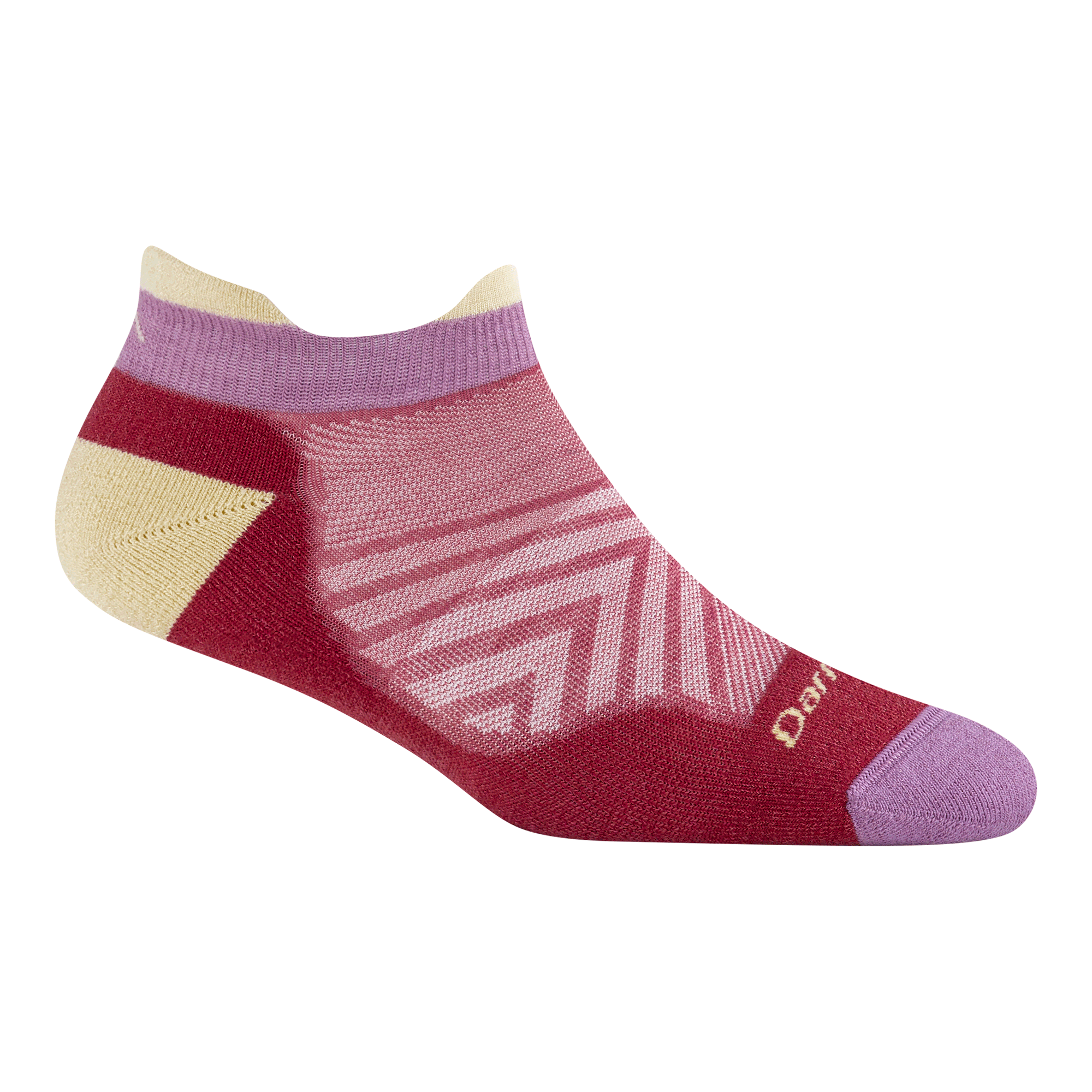 1047 ultra-light no show run in cranberry colorway featuring a berry body with lavender toe and yellow heel/toe/logo