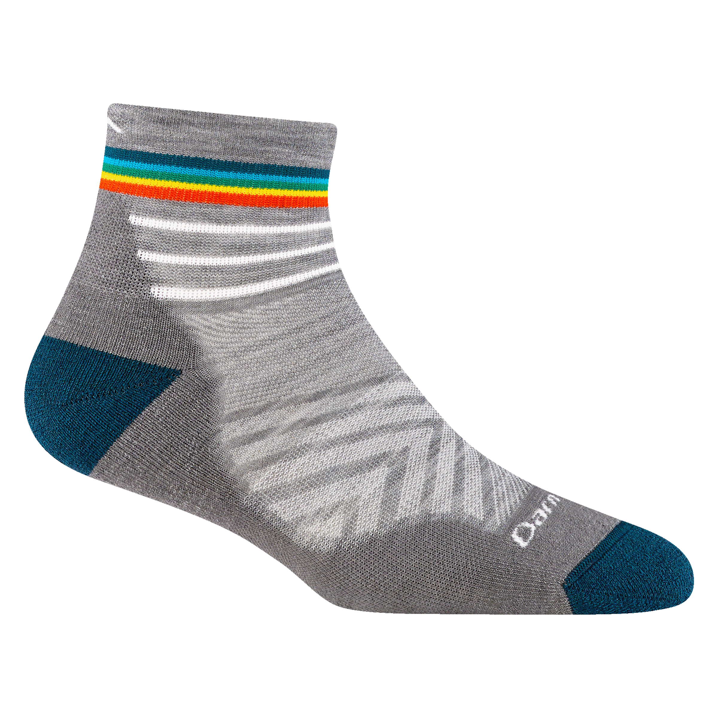 1048 women's quarter running sock in gray with white darn tough signature on forefoot rainbow stripes on cuff