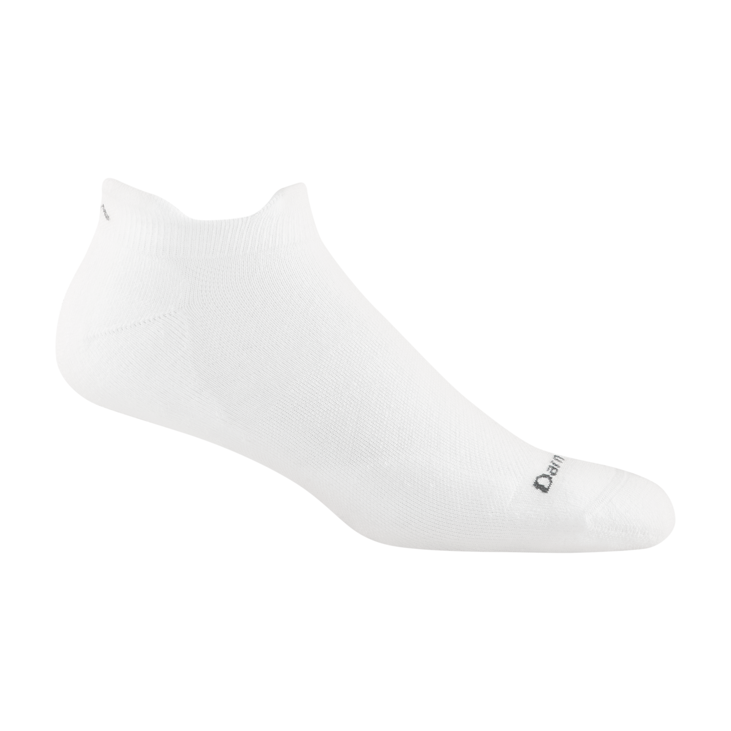 1054 men's coolmax no show tab running sock in white with dark grey darn tough signature on forefoot