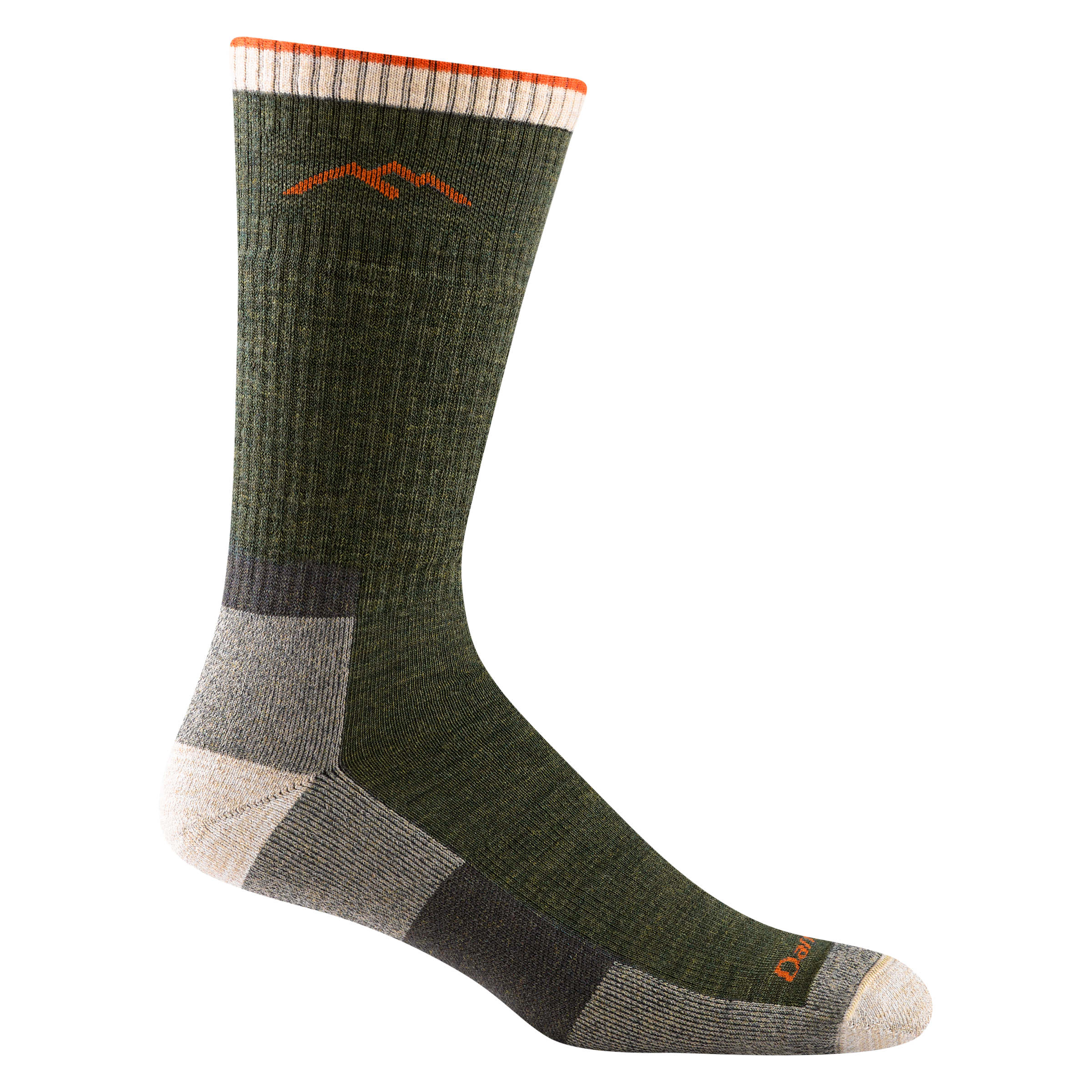 1403 men's hiking boot sock in color olive green with beige toe/heel accents and orange darn tough signature on forefoot
