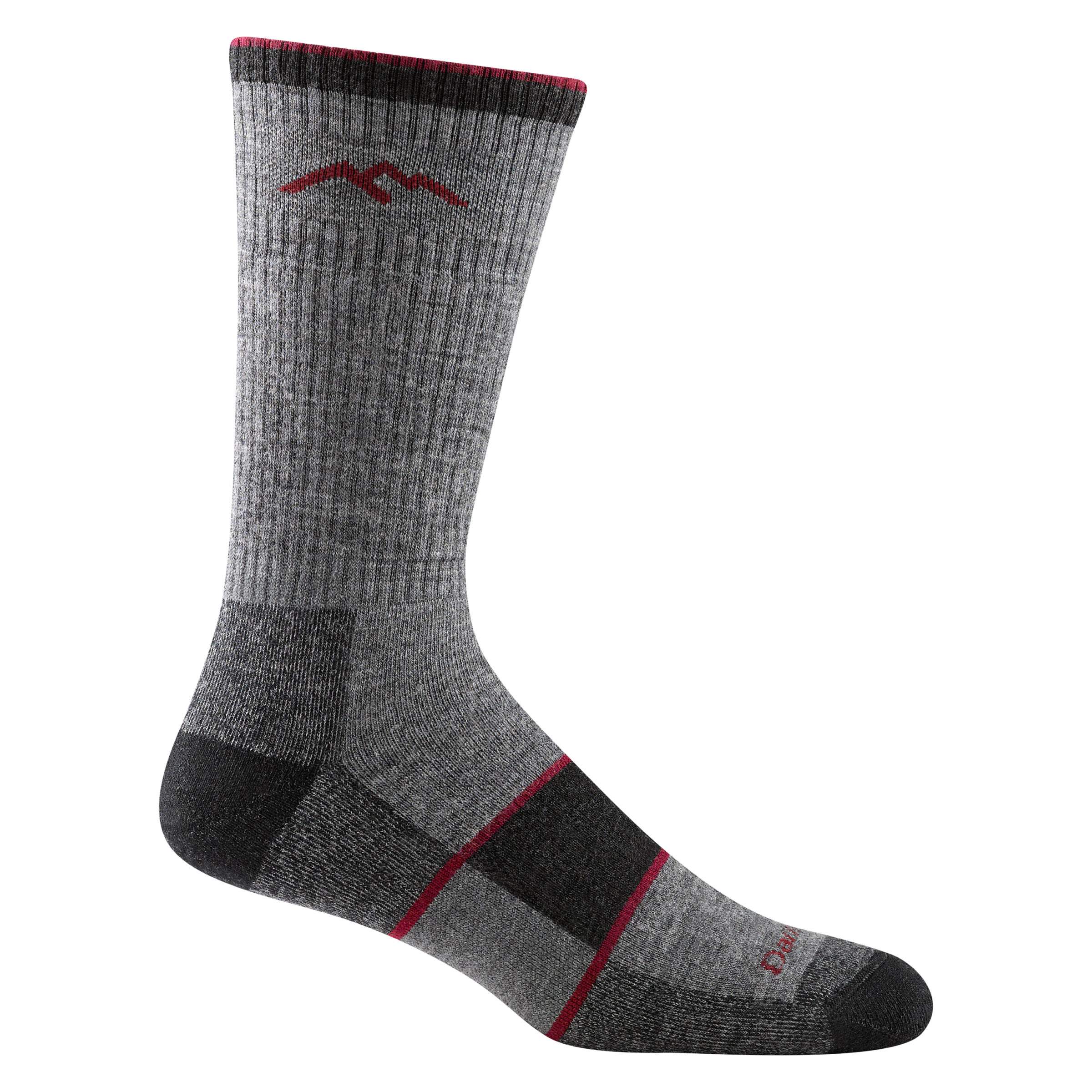 1405 men's hiking boot sock in color charcoal with black toe/heel accents, forefoot color block and 2 red stripes