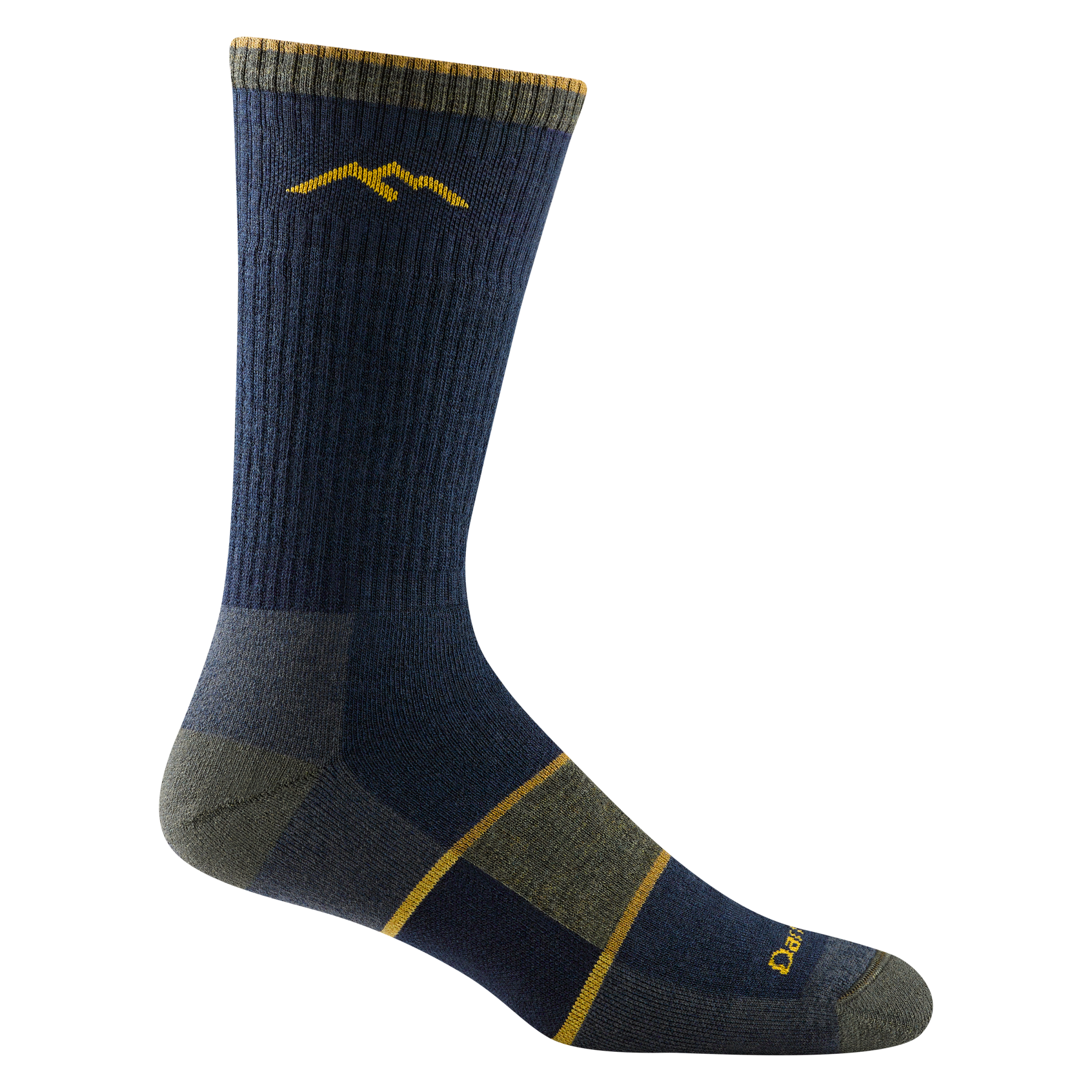 1405 men's hiking boot sock in color navy blue with dark gray accents and forefoot colorblock with 2 yellow stripes