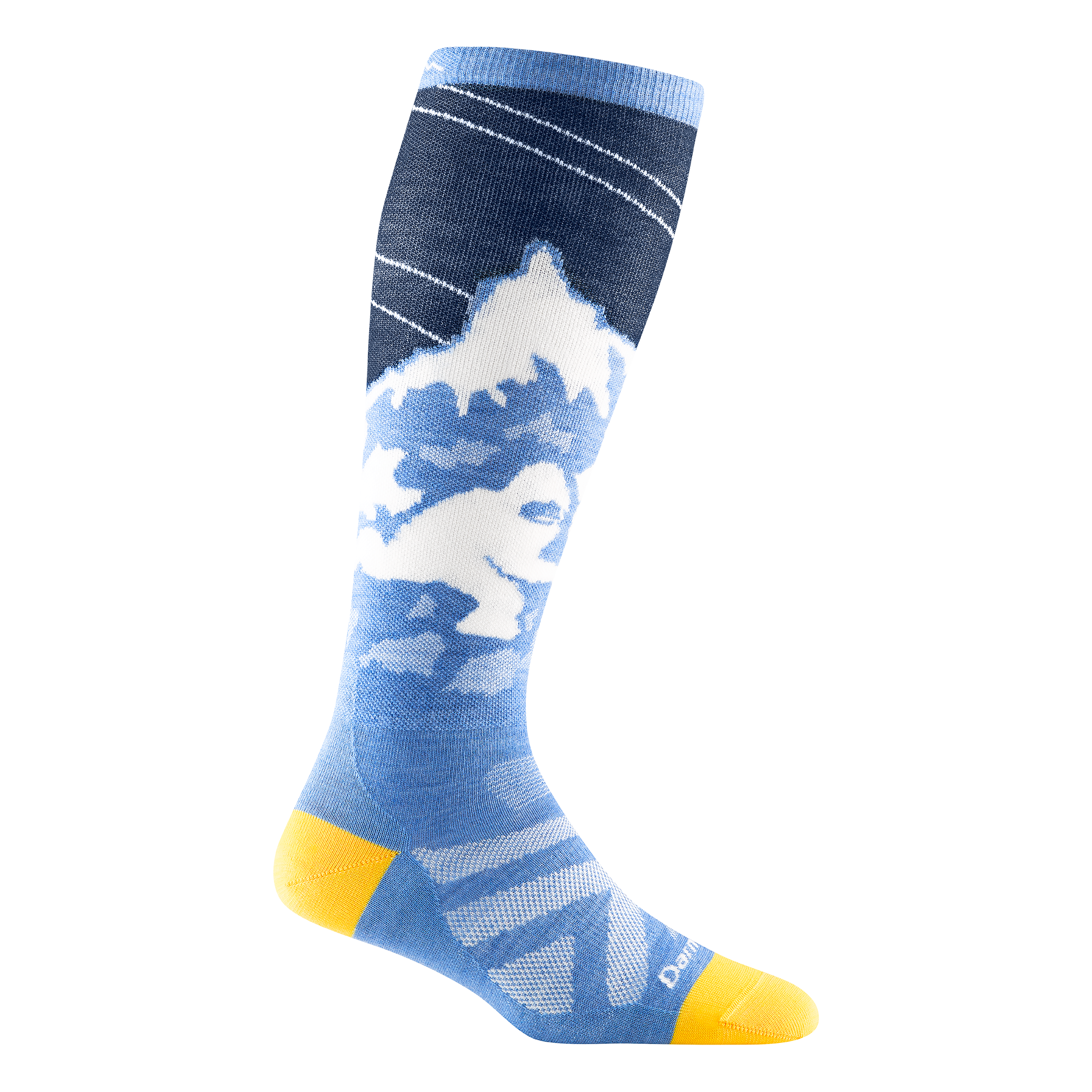 Reverse side of women's yeti over-the-calf ski sock in navy with white chevron and dan tough signature on forefoot