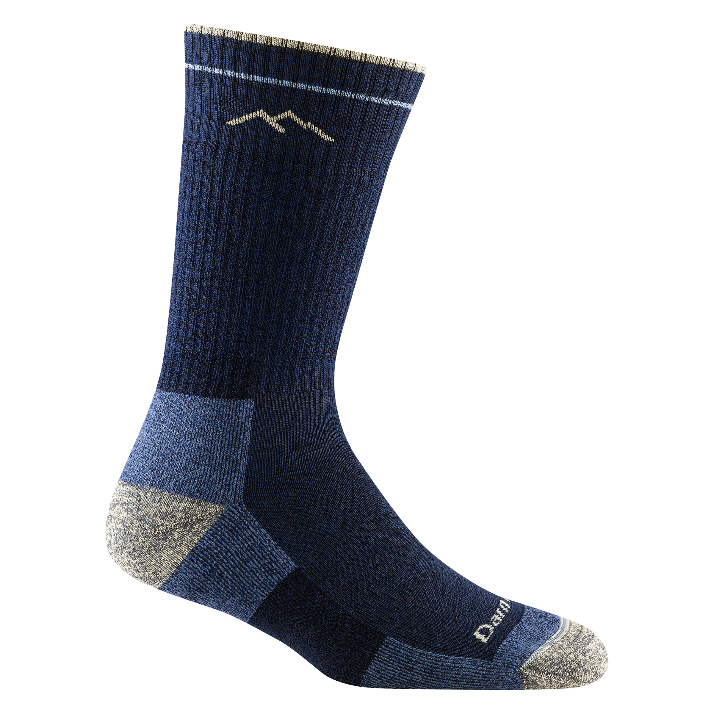 1907 women's hiking boot sock in color navy blue with heathered gray toe/heel accents and light blue color block details