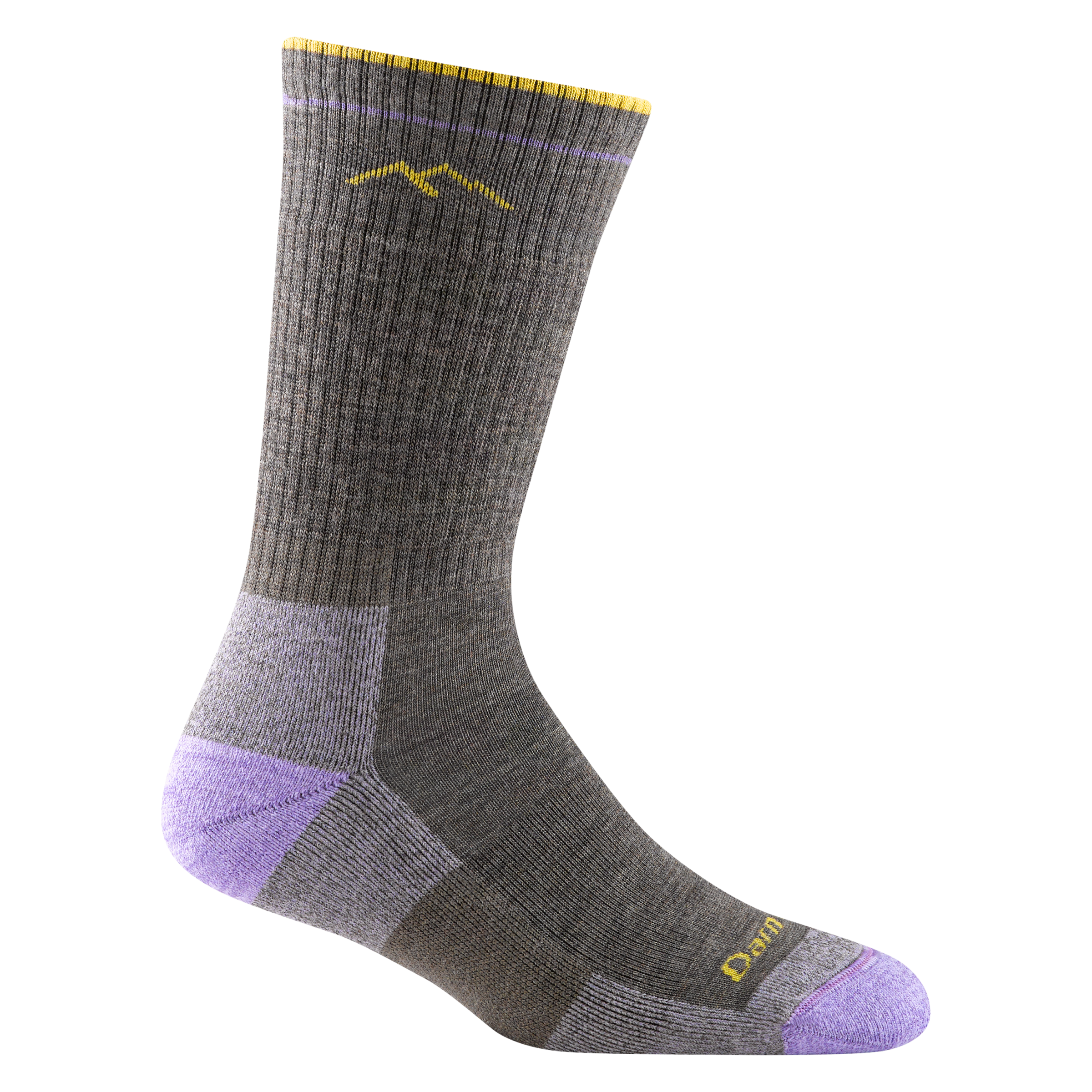 1907 women's hiking boot sock in color taupe with lavender toe/heel accents and yellow darn tough signature on forefoot