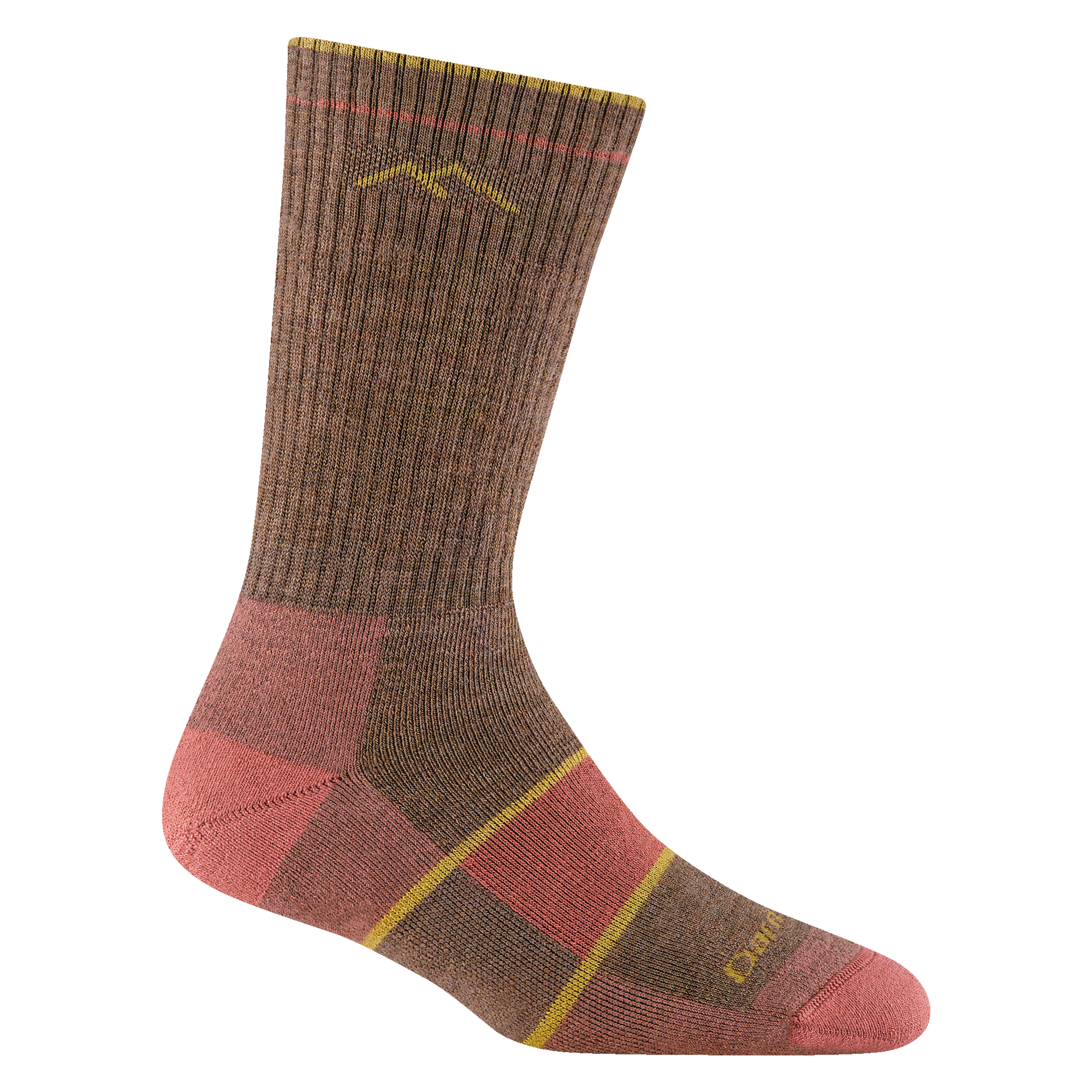 1908 women's hiking boot sock in color Bark with peach toe/heel accents and yellow details