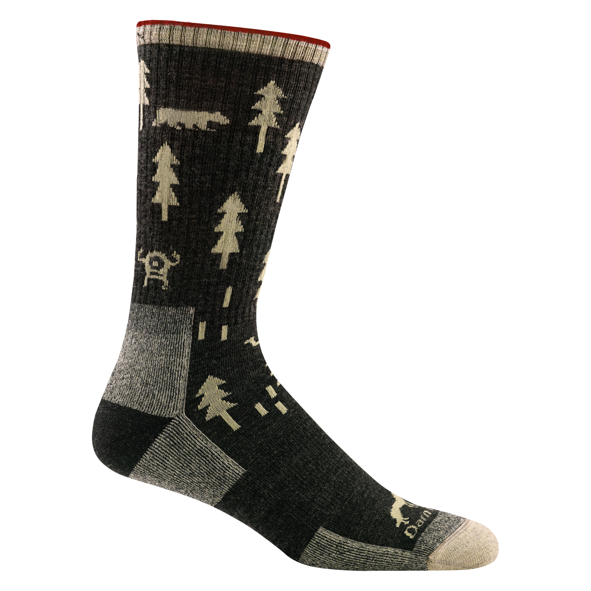 1964 men's ABC boot hiking sock in color black with beige toe, black heel, and beige animal and forest designs