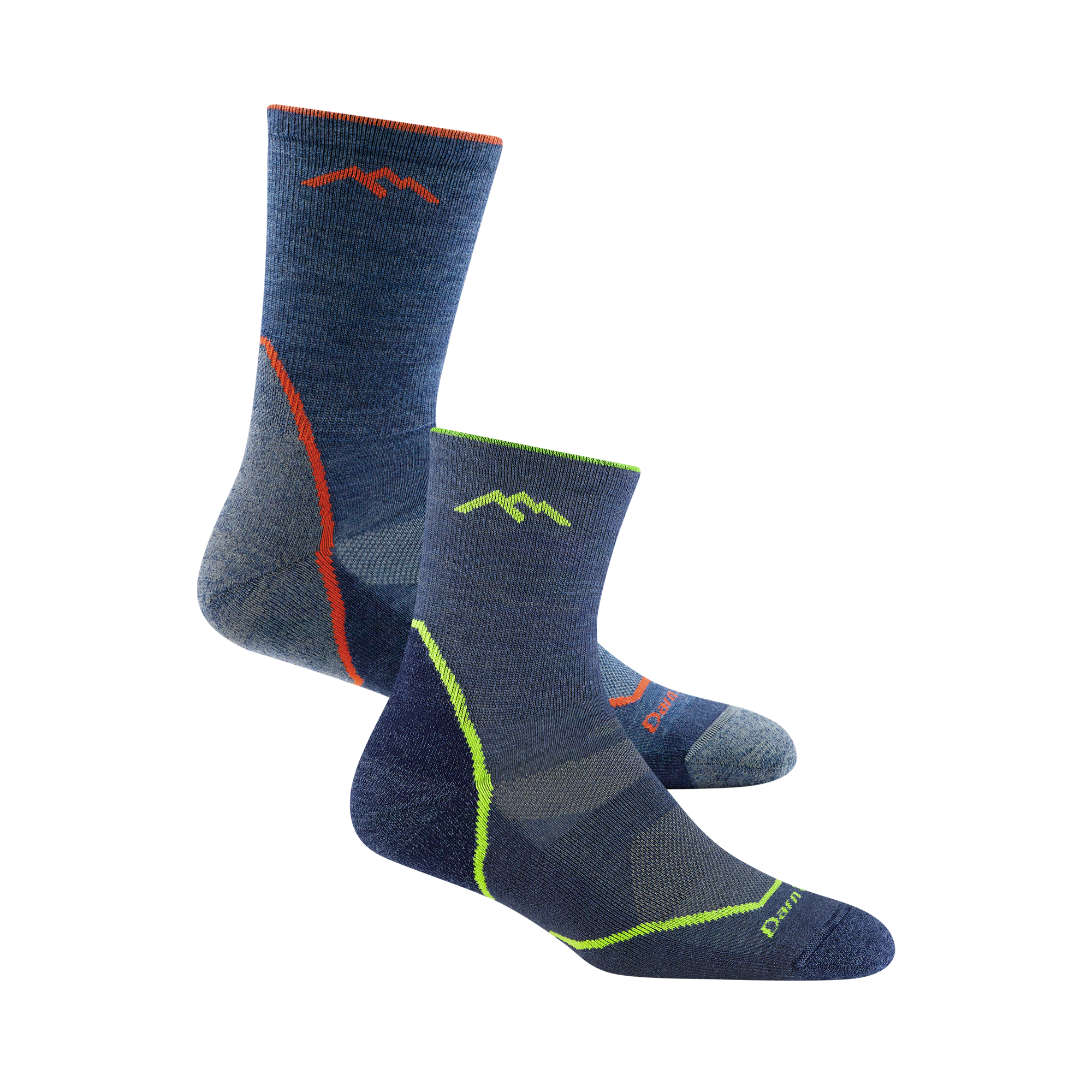 2 pack bundle including the men's light hiker micro crew hiking sock in denim and the kids light hiker micro crew hiking sock in denim