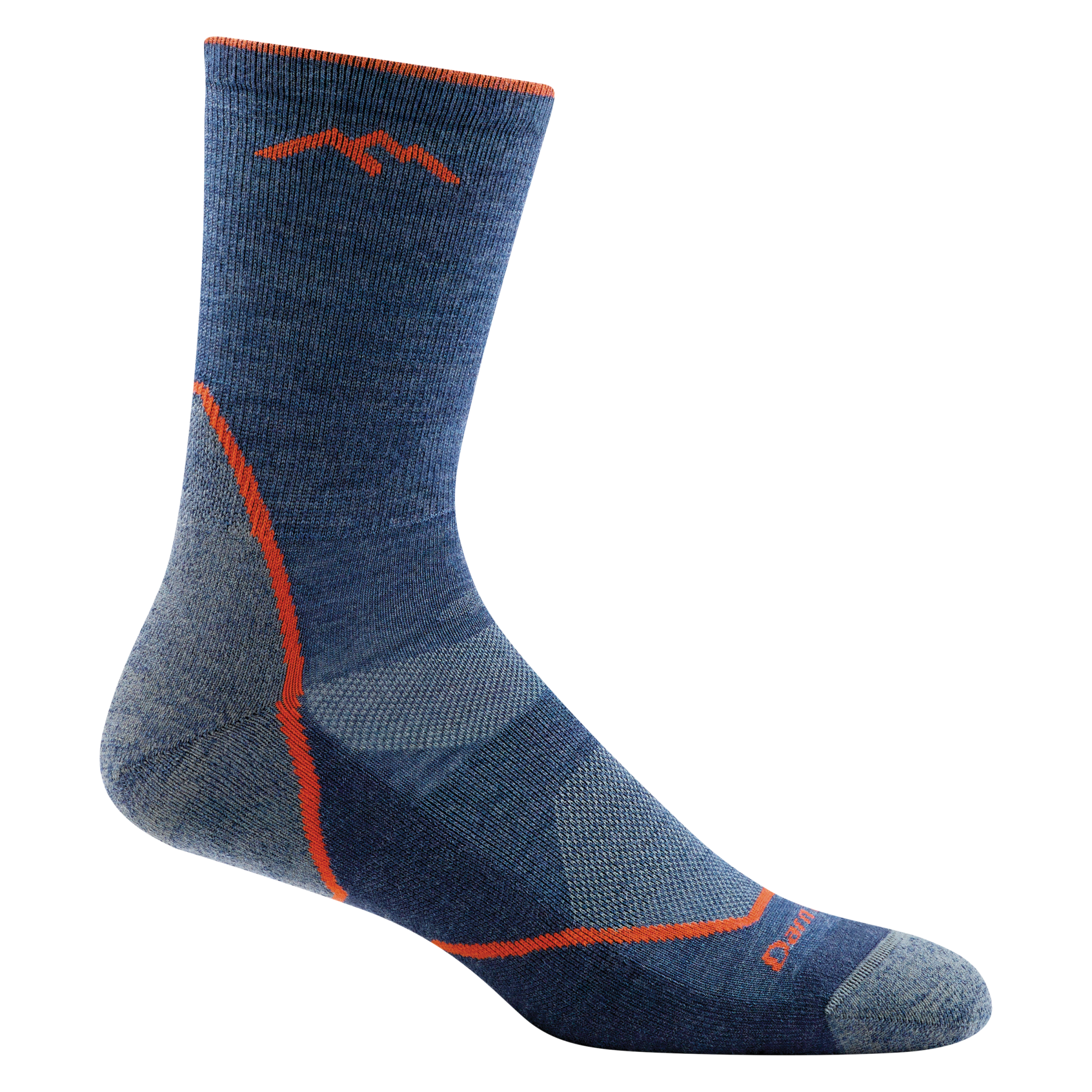 1972 men's light hiker micro crew hiking sock in color denim blue with orange stripe on heel and forefoot