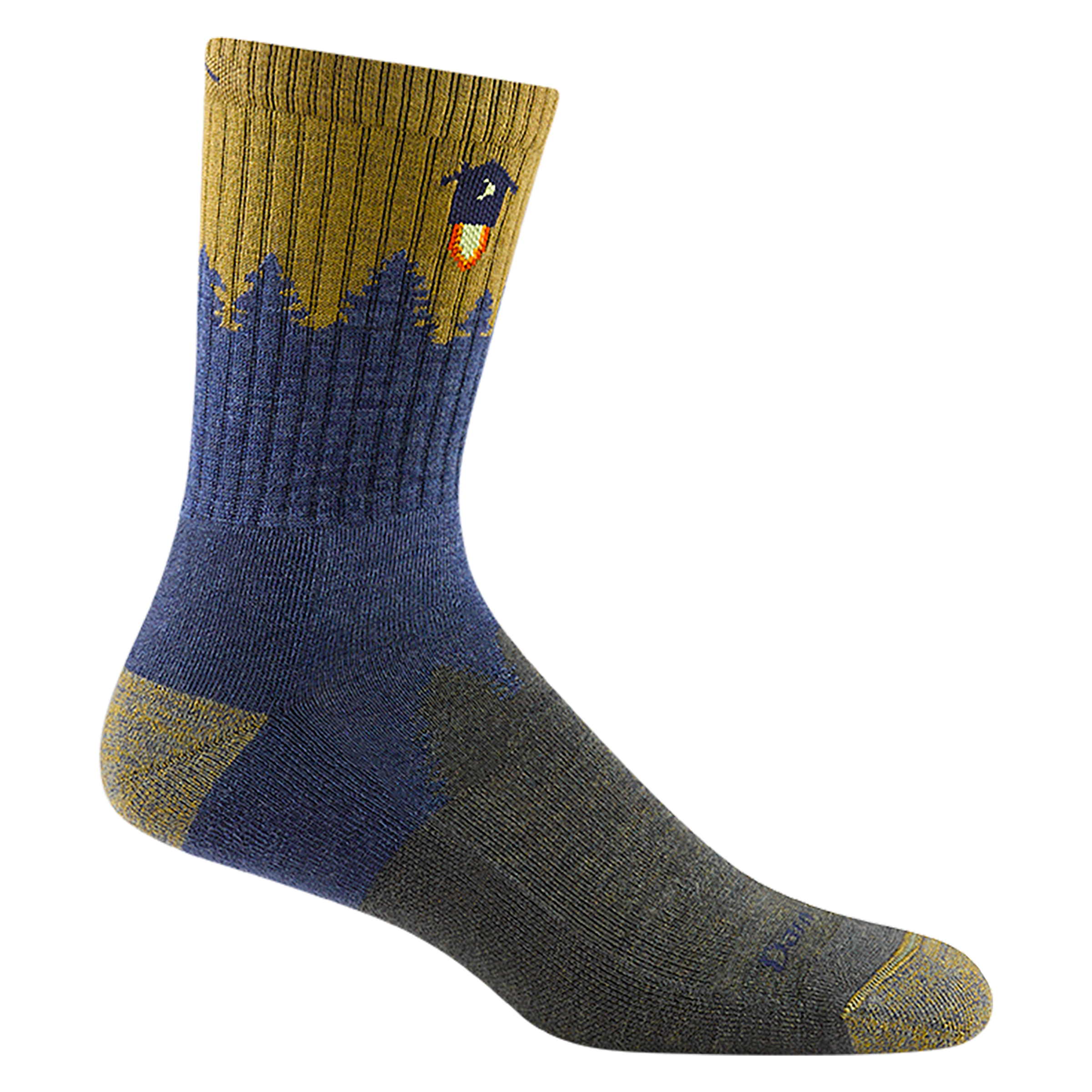 1974 men's number 2 micro crew hiking sock in denim blue with gold toe/heel accents and blue tree silhouette design