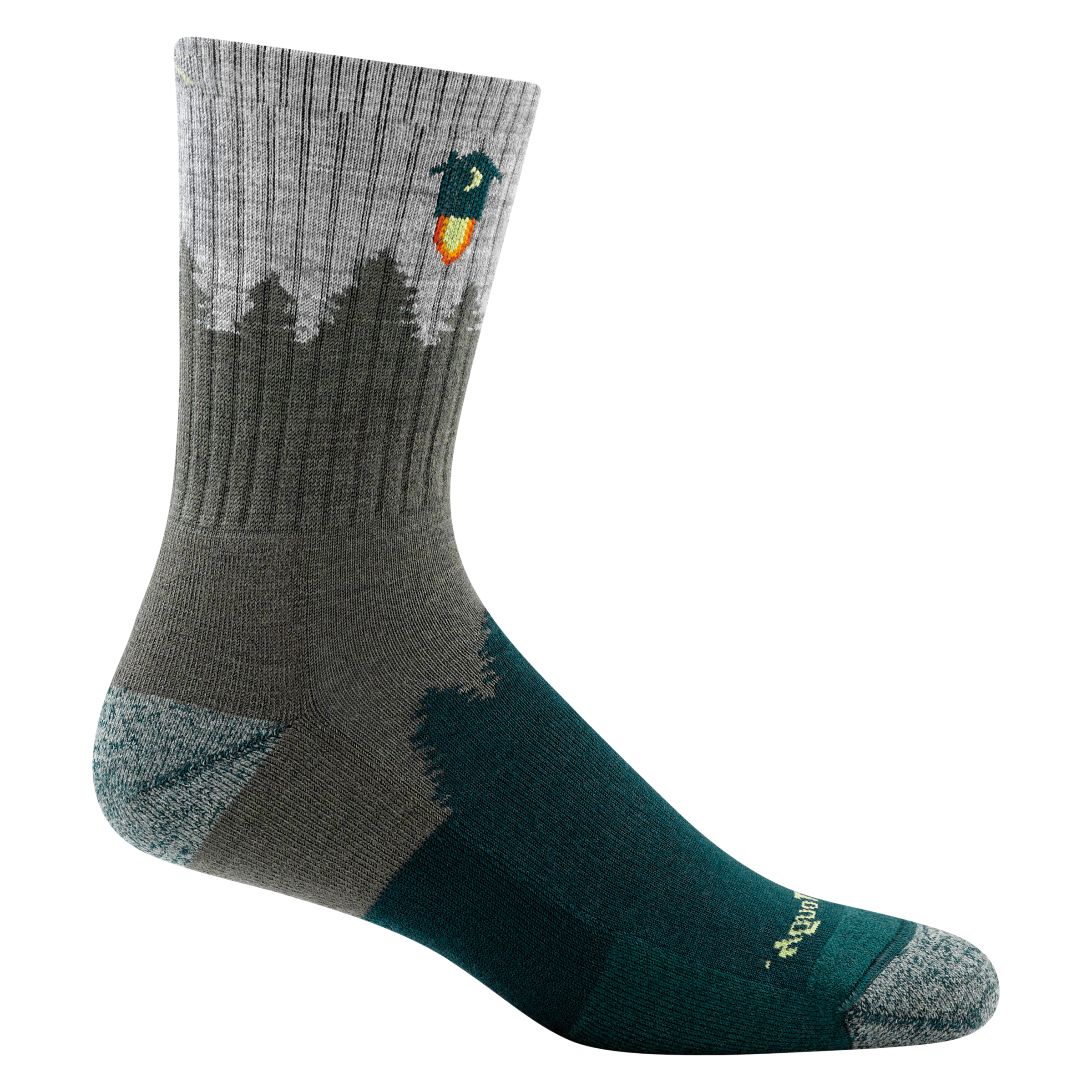 1974 men's number 2 micro crew hiking sock in color green with grey toe/heel accents and tree silhouette design