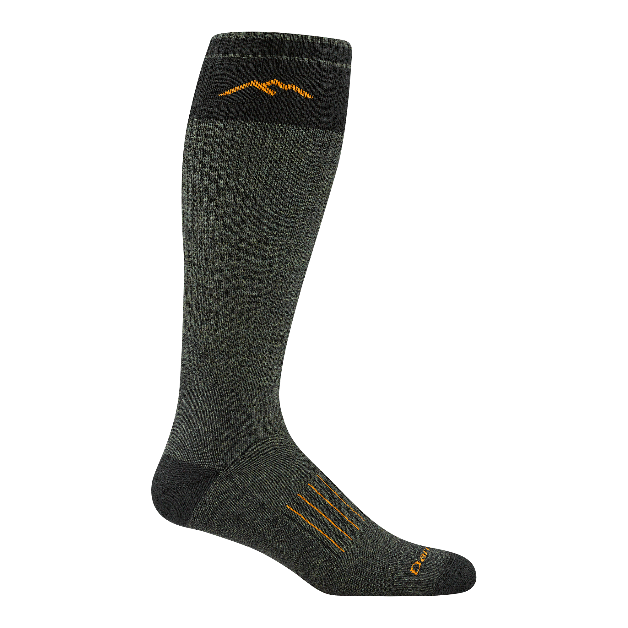 2013 unisex over-the-calf hunting sock in forest green with black toe/heel accents and orange mountain detail on calf