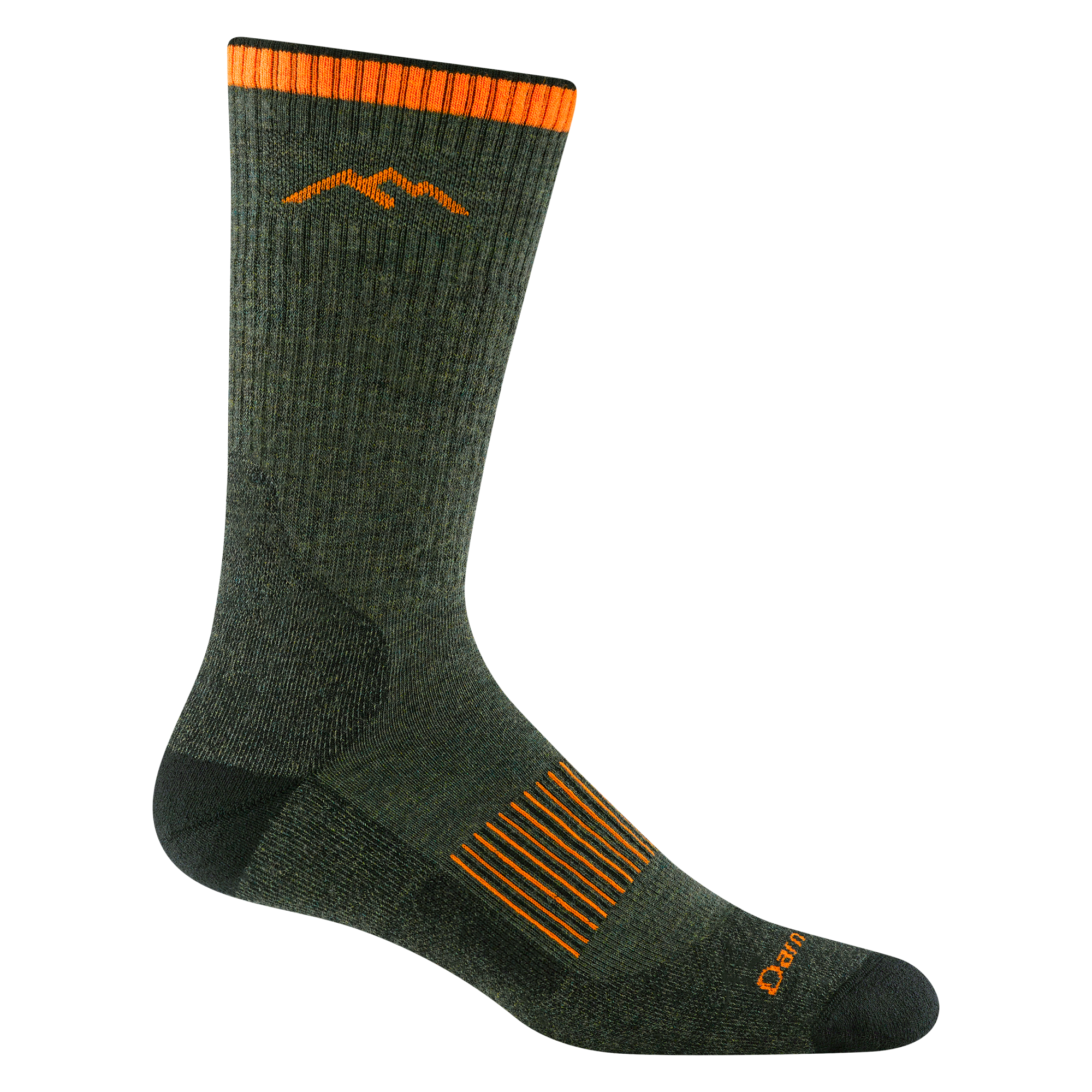 Product image of 2111 Men's Hunting Midweight Boot sock with Cushion in Forest colorway featuring orange cuff and Darn Tough logo and word mark accents.
