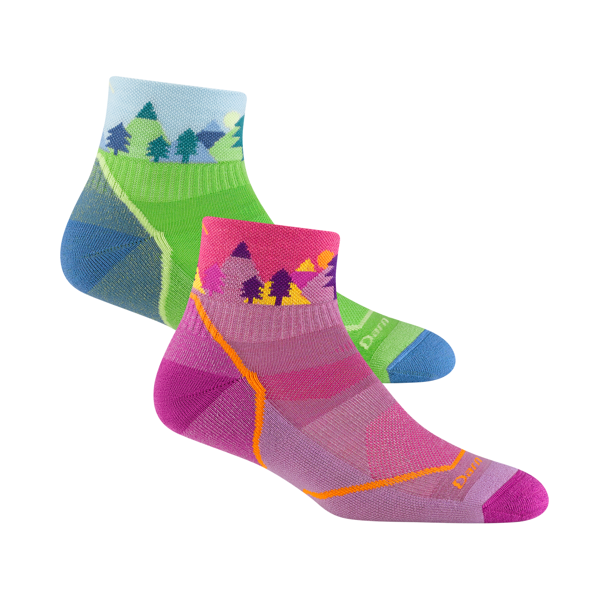 2 pack bundle including 2 pairs of the kids quest quarter hiking sock in green and violet