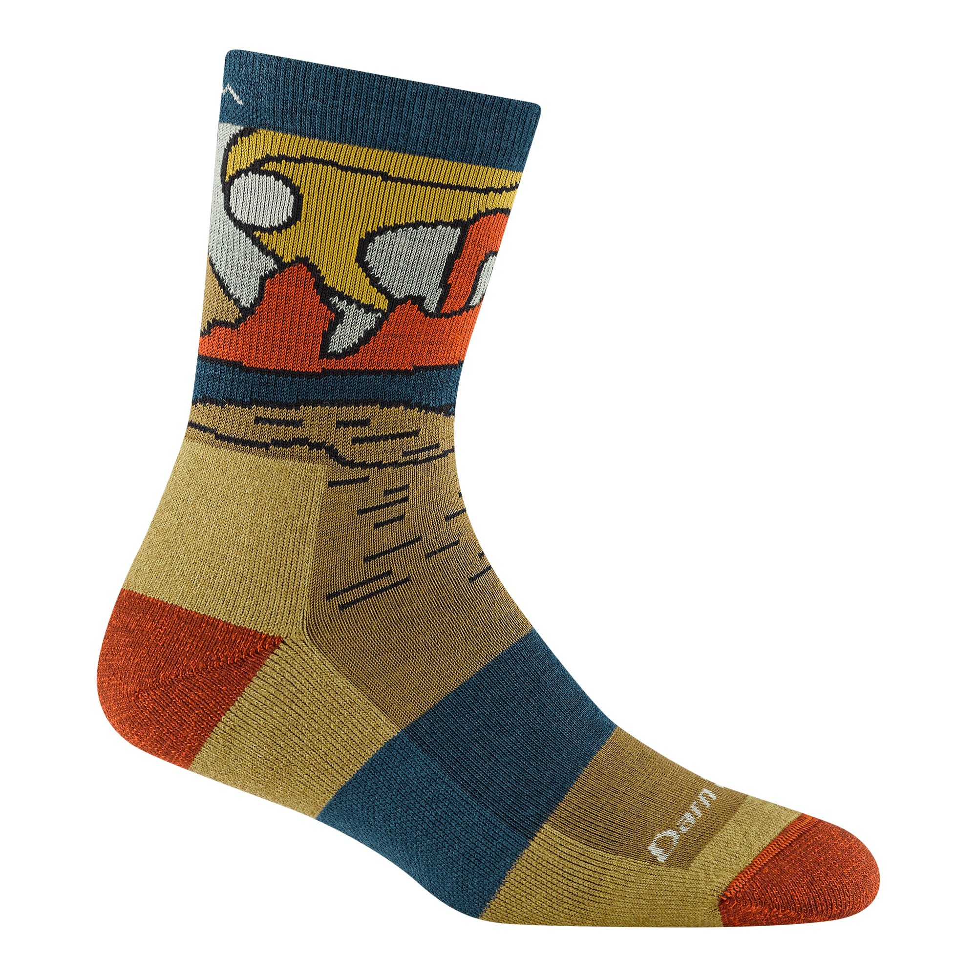5023 Celeste micro crew in sandstone featuring a yellow body orange heel/toe and canyon landscape on the ankle