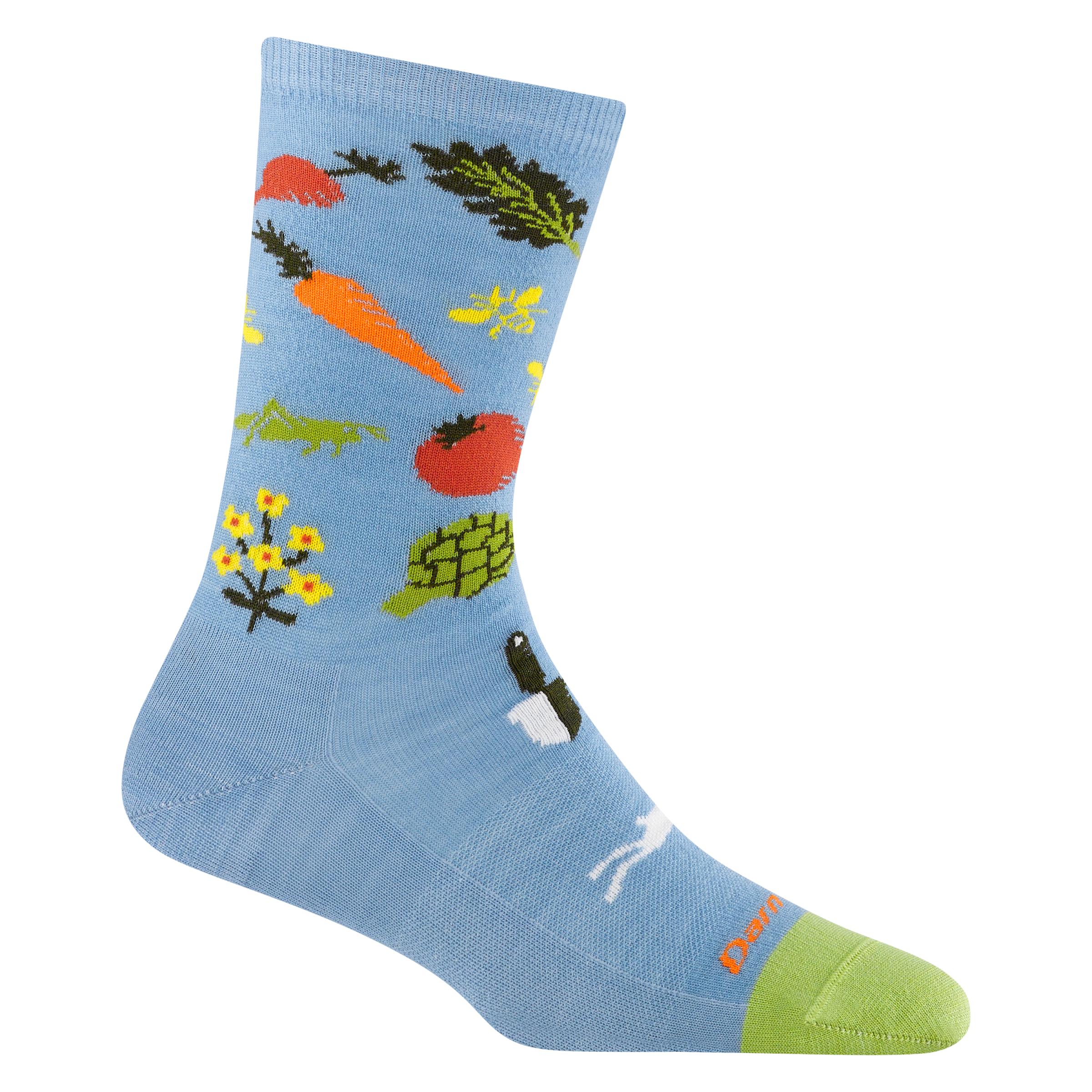 6054 women's farmer's market crew lifestyle sock in color sky blue with light green toe accent and vegetable designs