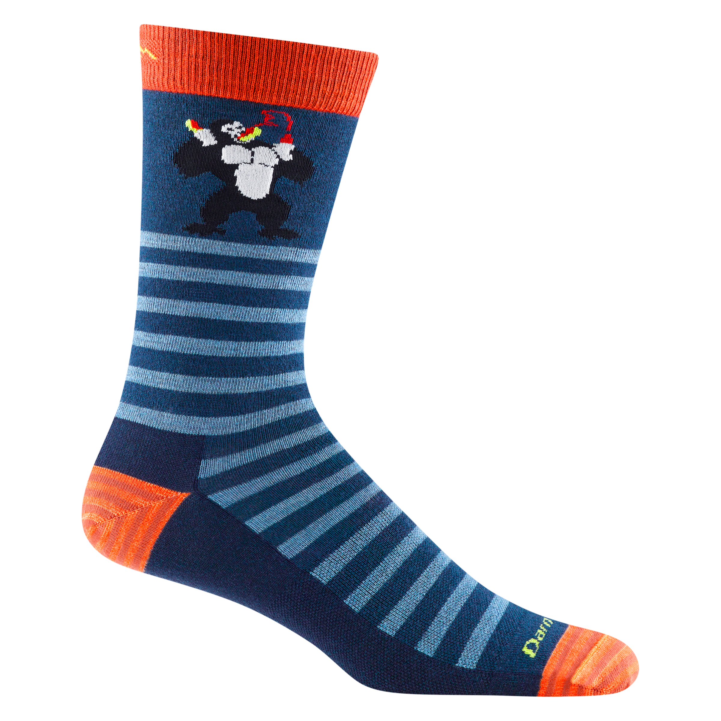6066 men's animal haus crew lifestyle sock in Deep water blue with striped toe/heel accents, gorilla eating hot sauce