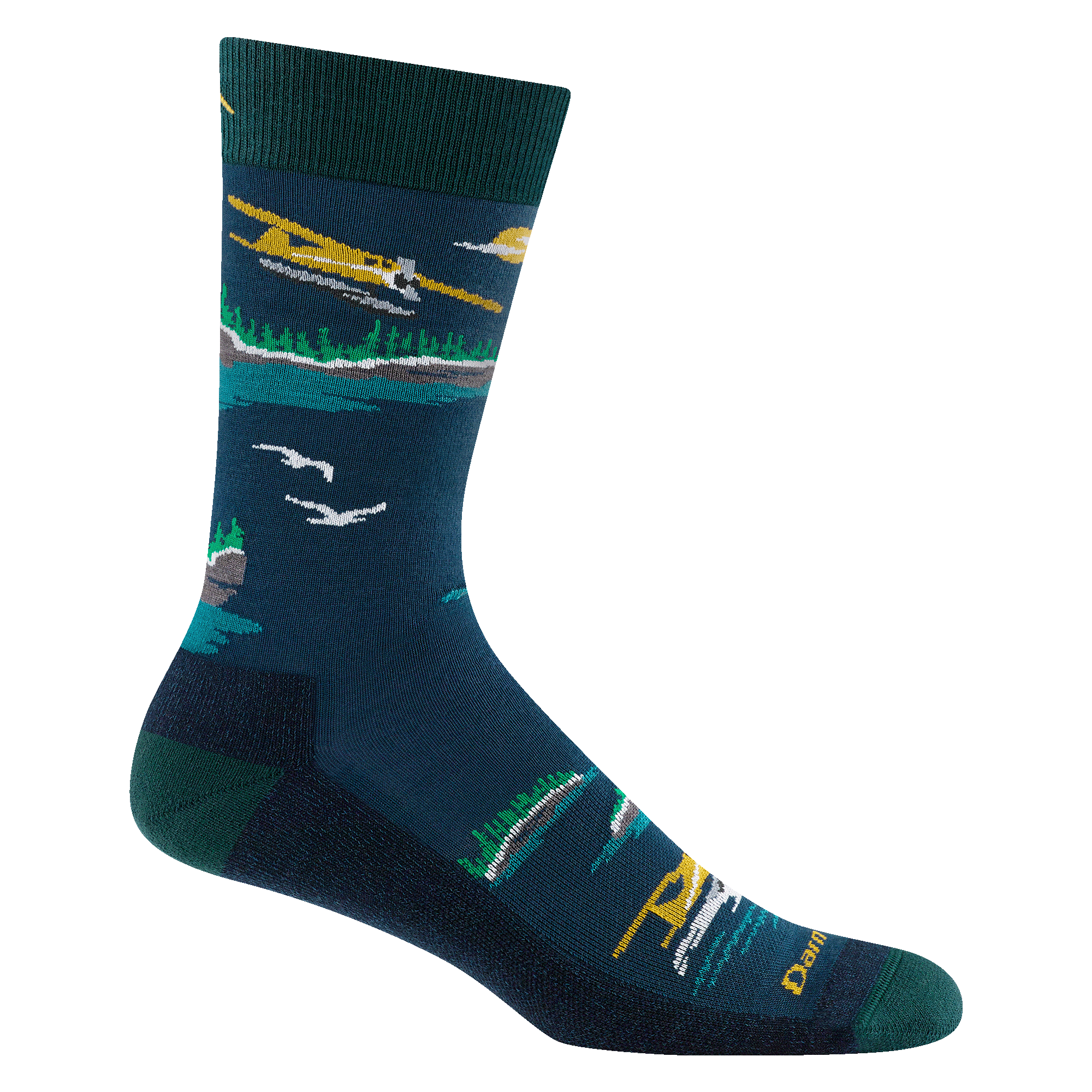 6120 men's float boat crew lightweight lifestyle sock in midnight featuring seaplanes design, navy body and green heel/toe/cuff