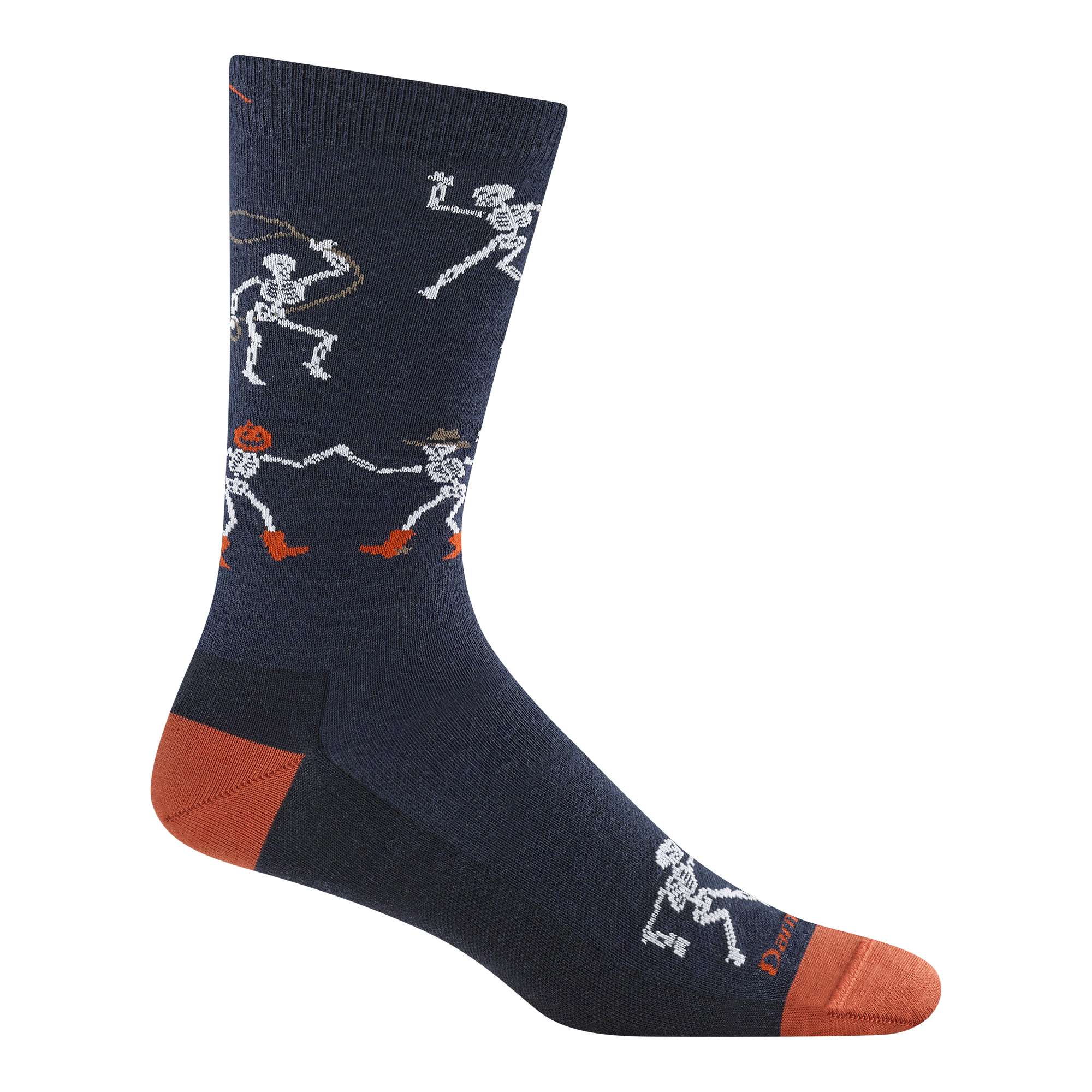 6222 Bone Ranger Crew in Midnight featuring a dark blue body and orange heel and toe with cowboy skeleton all over