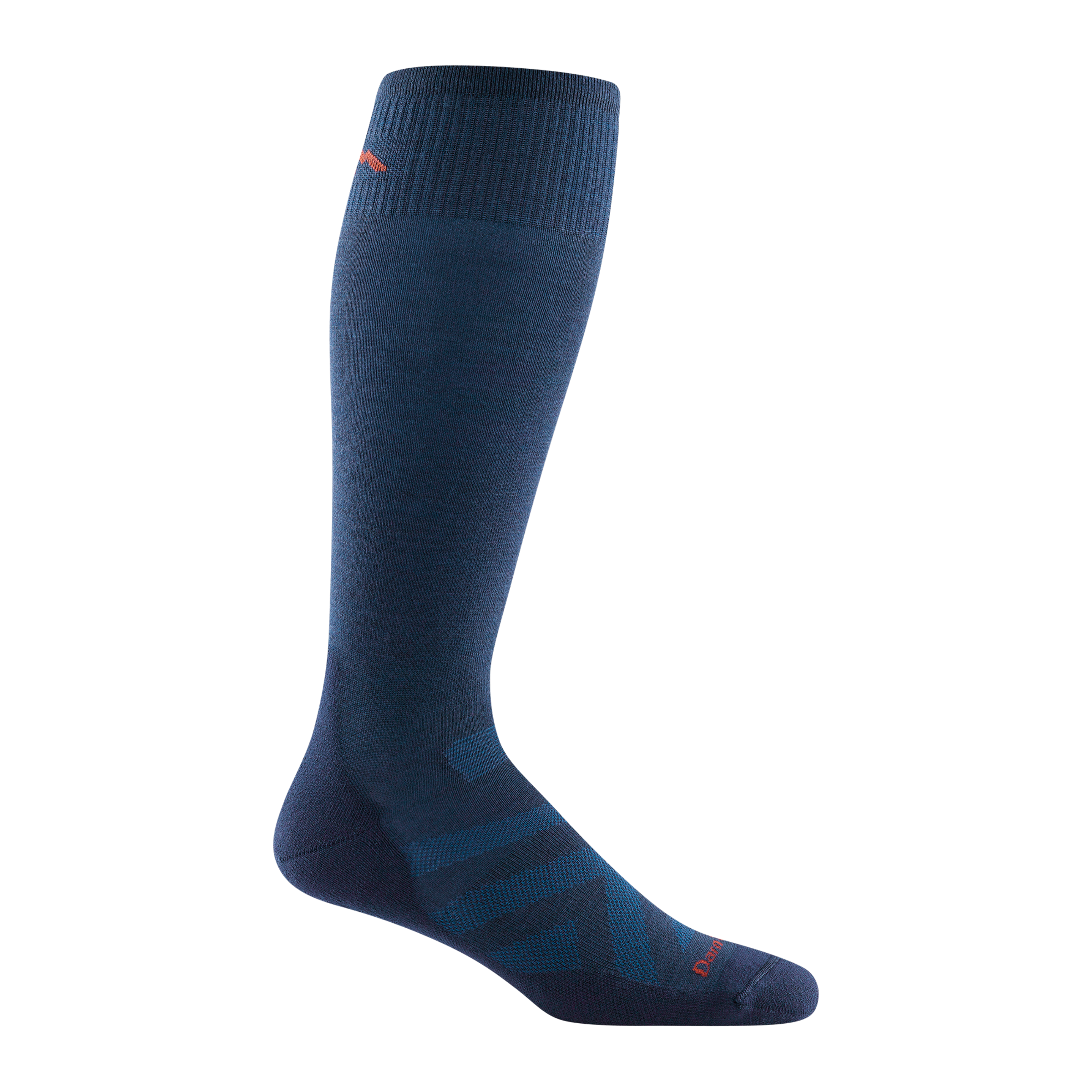 8001 men's RFL over-the-calf ski sock in navy with lighter blue chevron and red darn tough signature on forefoot