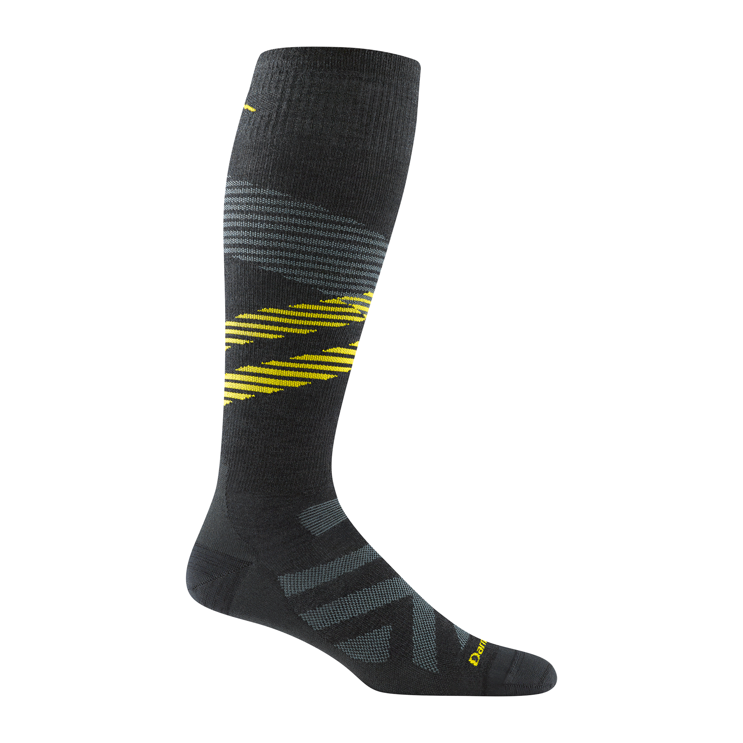 8002 men's pennant RFL over-the-calf ski sock in carbon with light gray chevron forefoot and yellow stripes across calf