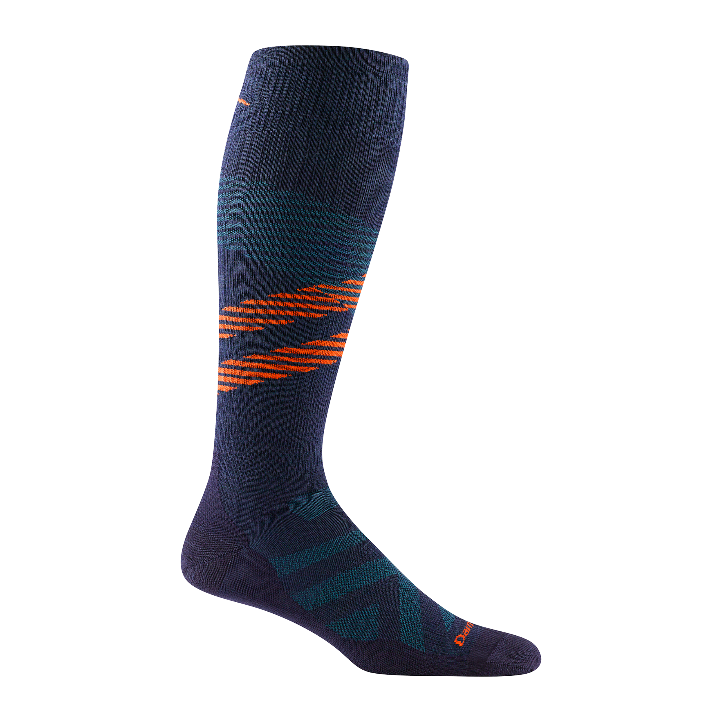 8002 men's pennant RFL over-the-calf ski sock in eclipse with light blue chevron and orange striping across calf