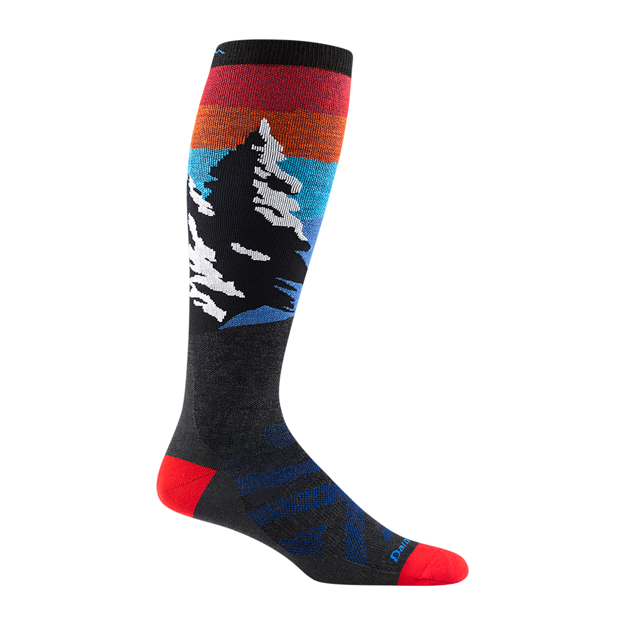 8014 men's solstice over-the-calf ski sock in charcoal with red toe/heel accents and snowing mountain design