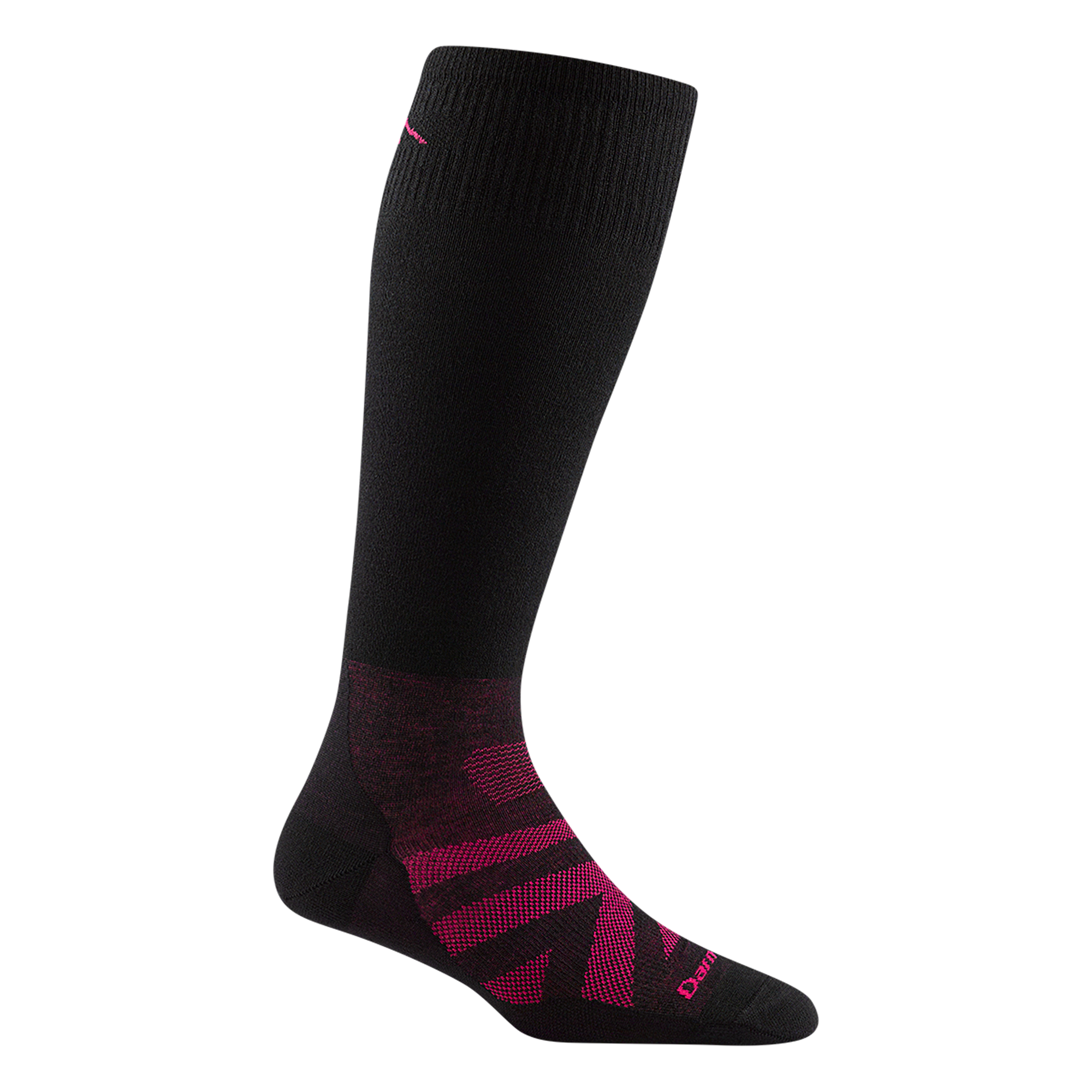 8029 women's thermolite RFL over-the-calf ski sock in color black with pink chevron and darn tough signature on forefoot