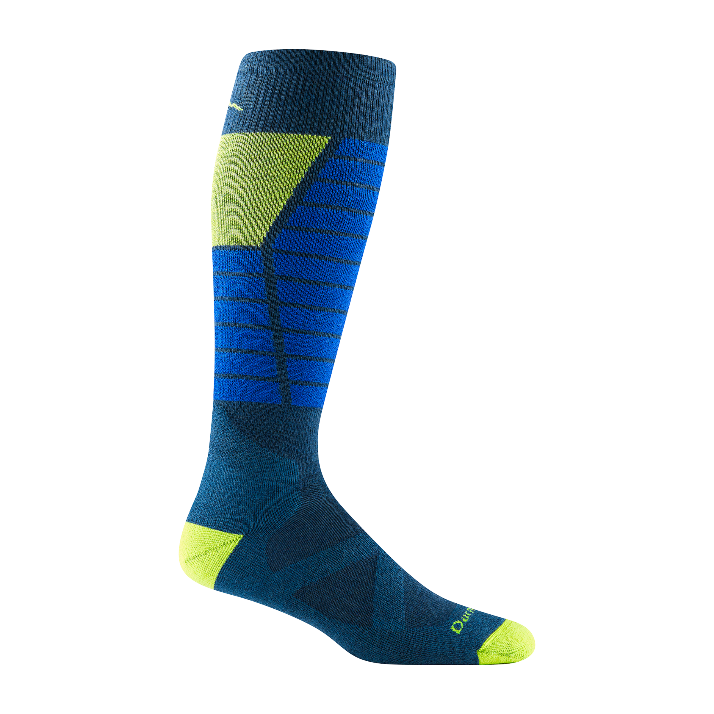 8044 Function X Ski and Snowboard sock in Dark teal with bright yellow toe/heel/ calf vent, marine blue stripes on shin
