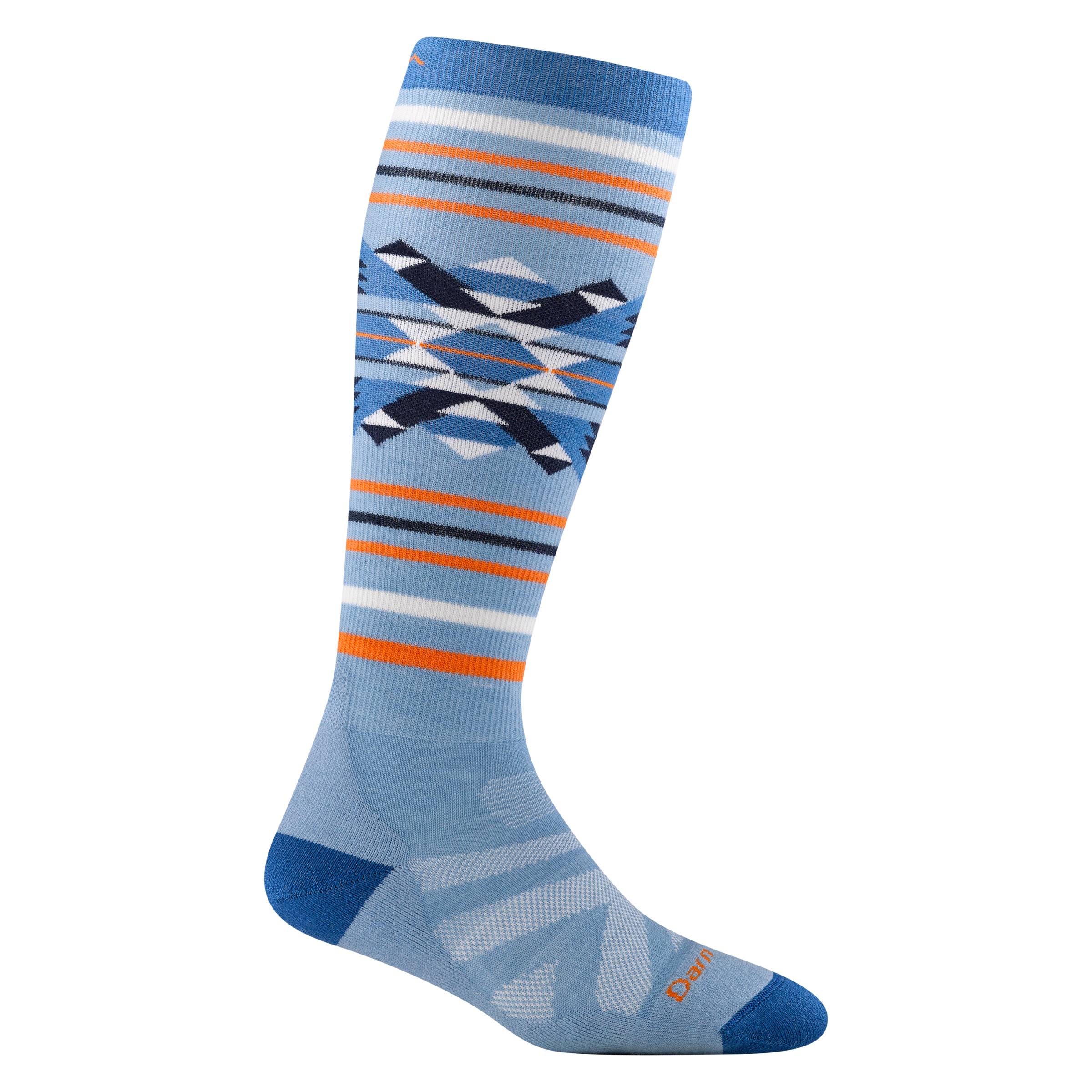 8047 snowscape i bluebird featuring light blue body orange and white stripes darker blue heel/toe design on upper calf