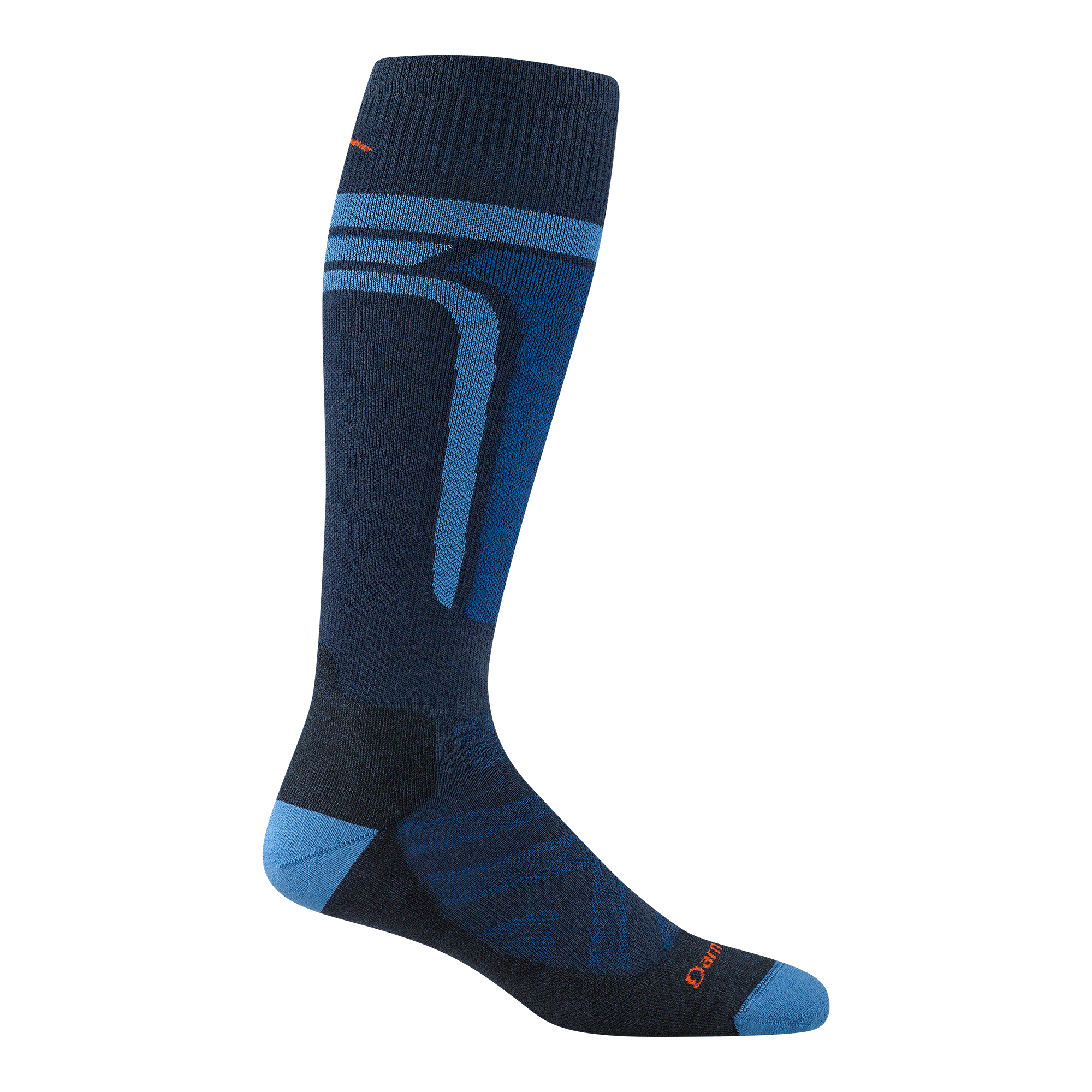 8053 edge over the calf in eclipse featuring light blue heel/toe and vertical stripes on the up leg orange logo