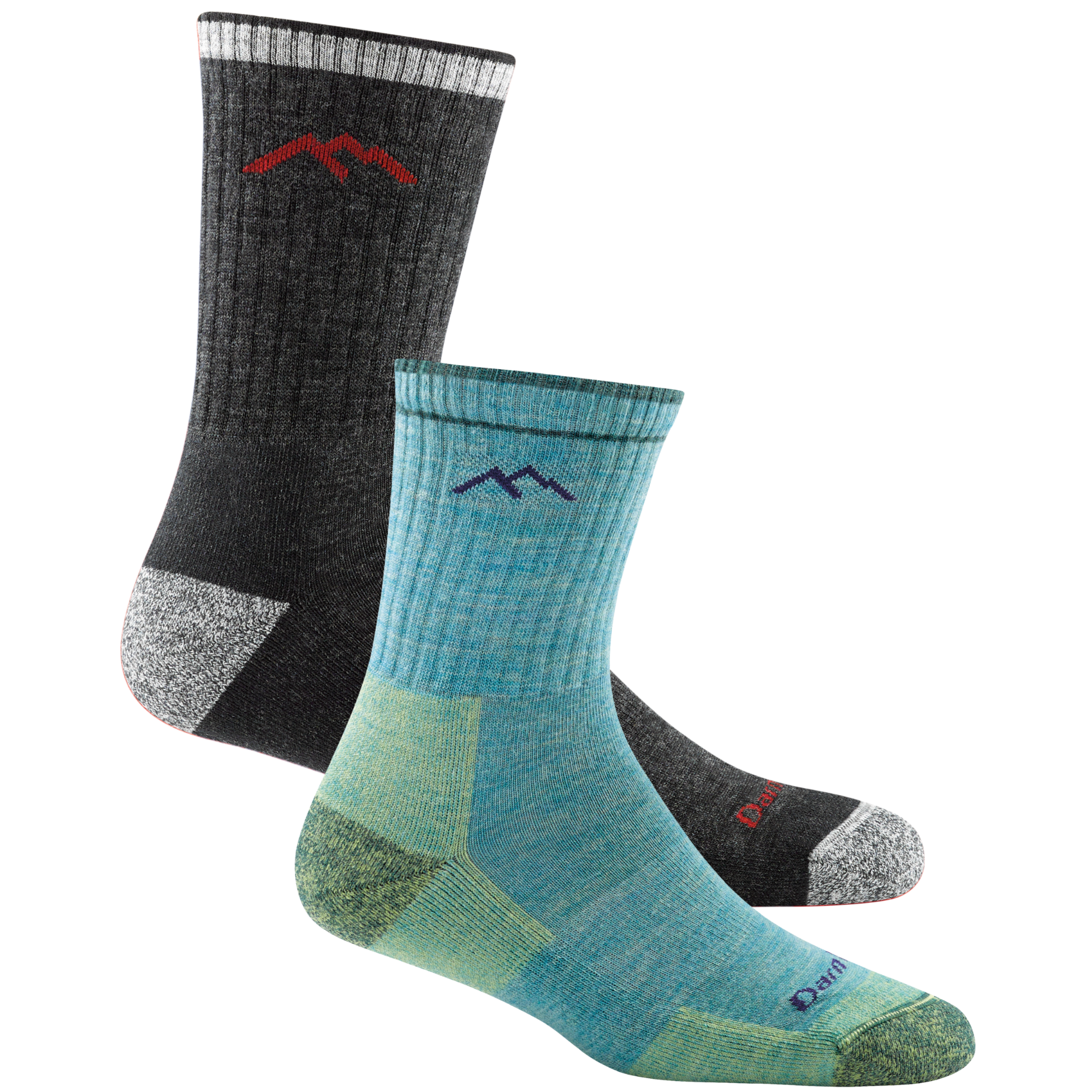2 pack bundle shot of the men's micro crew hiking sock in black and the women's micro crew hiking sock in aqua