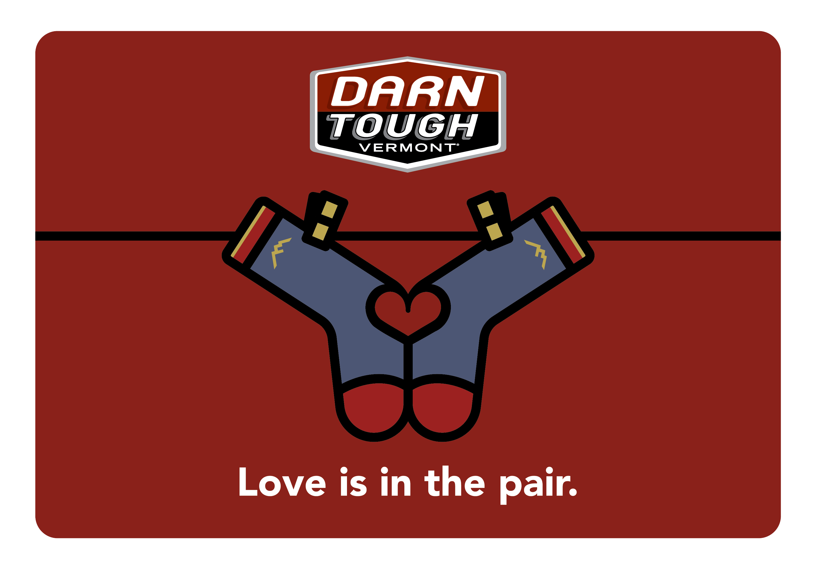 Love gift card with two socks hanging on a line with love in in the pair at the bottom