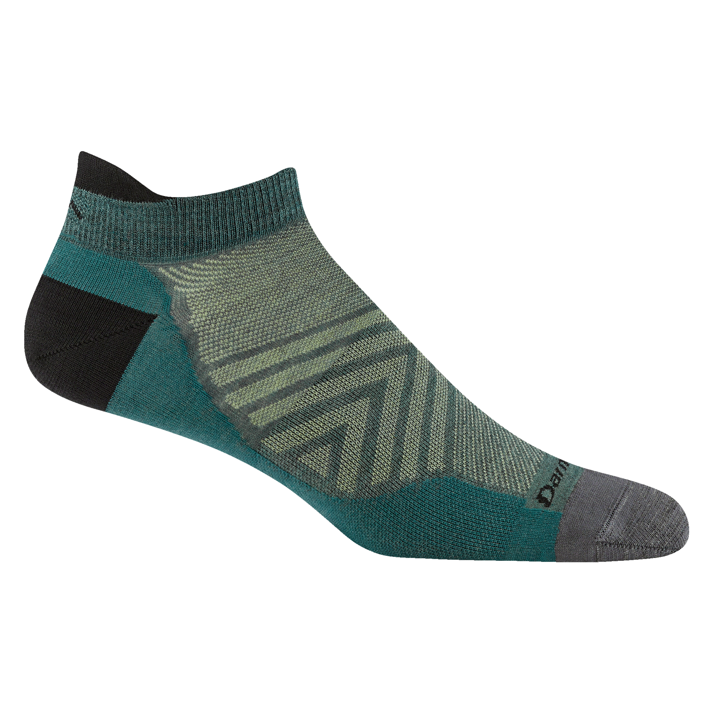 1033 men's no show tab running sock in color Teal with light green chevron and black darn tough signature