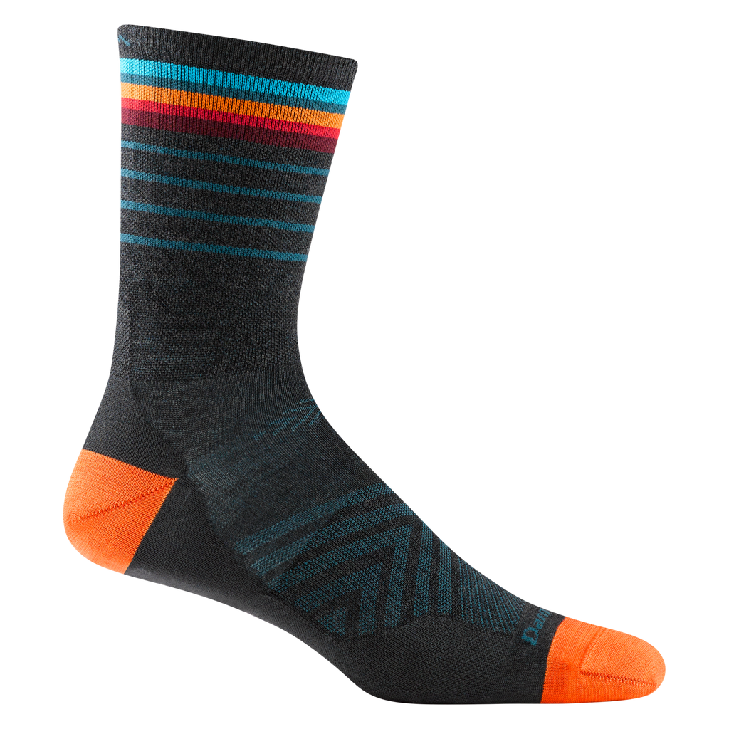 1036 men's stride micro crew running sock in charcoal with orange accents and red, orange and blue calf striping