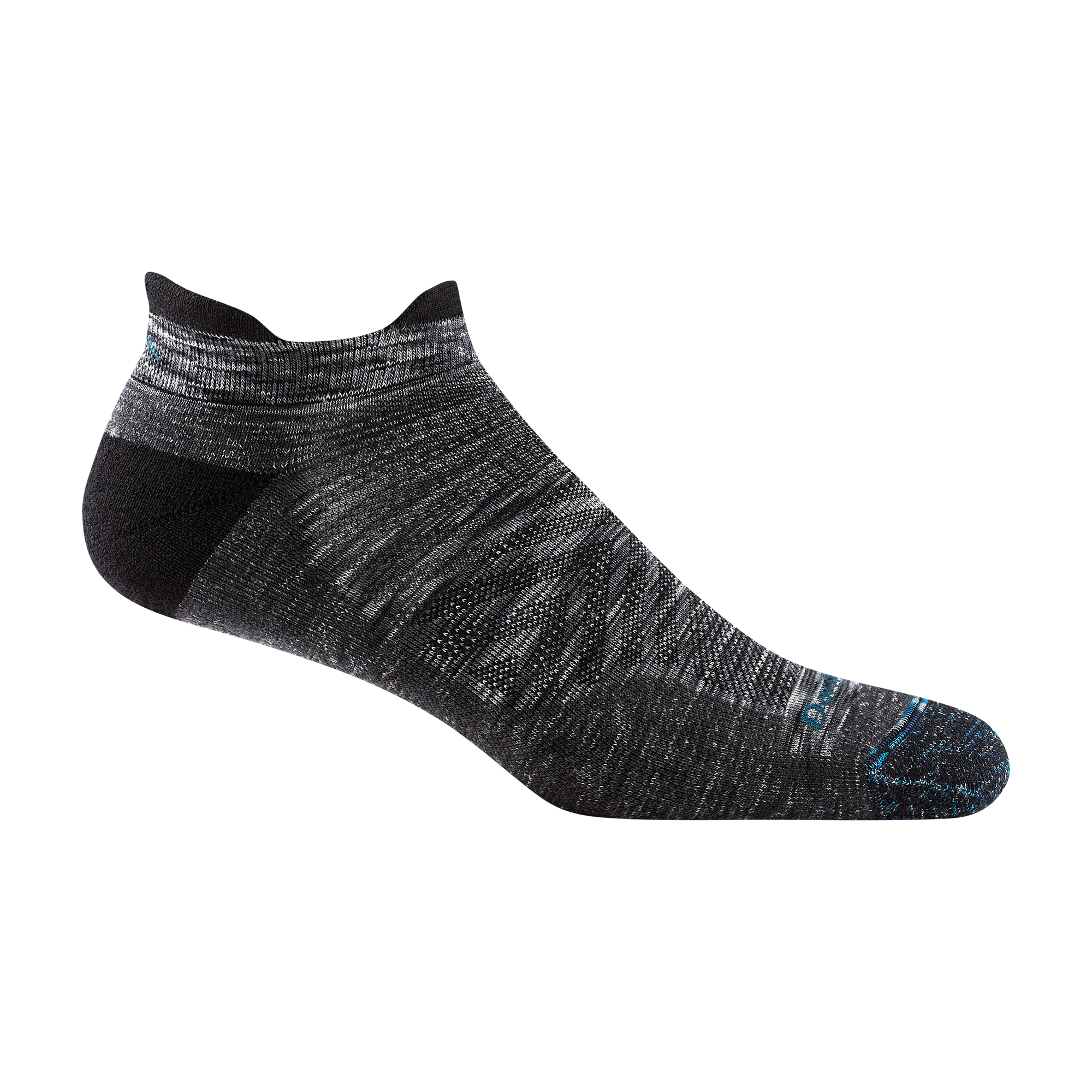 1039 men's no show tab running sock in space gray with black accents and blue darn tough signature on forefoot