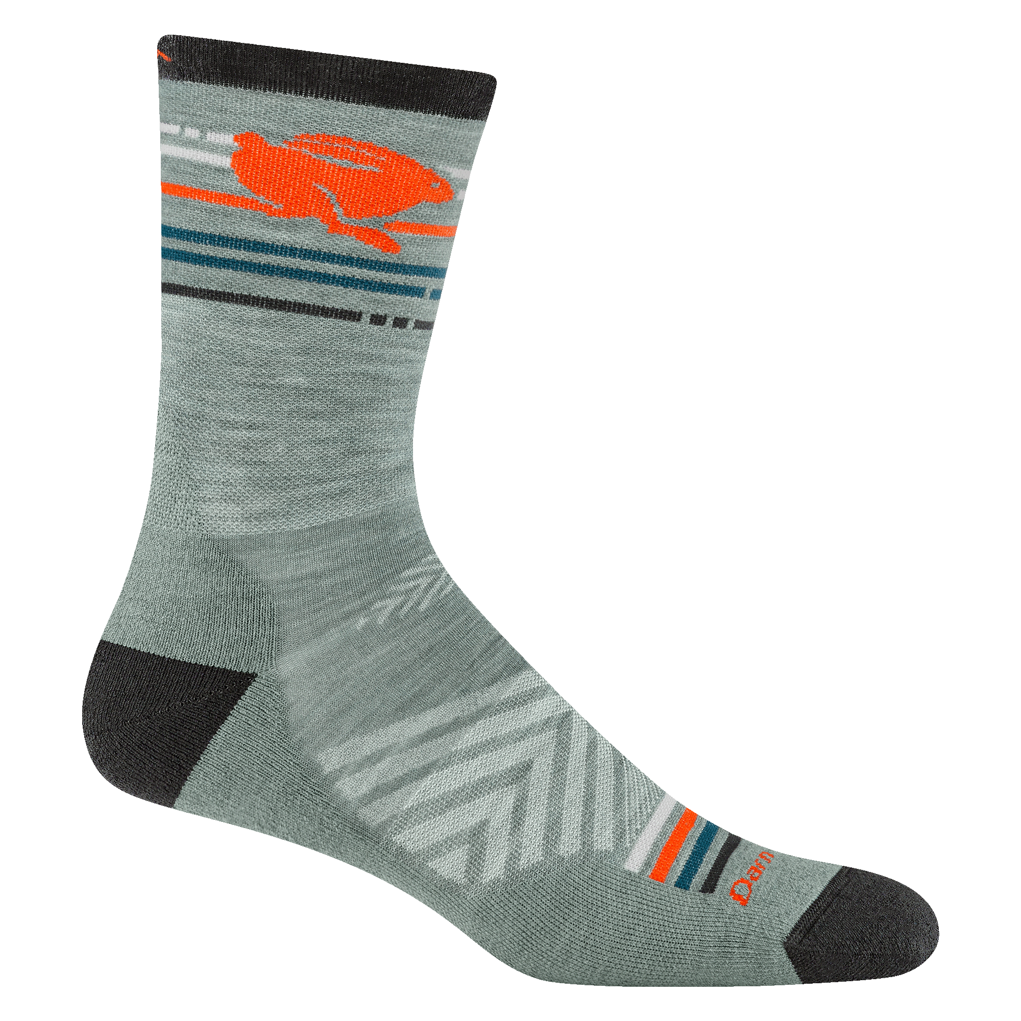 1041 men's pacer micro crew in seafoam gray with blue, gray, and orange striping and orange rabbit detail