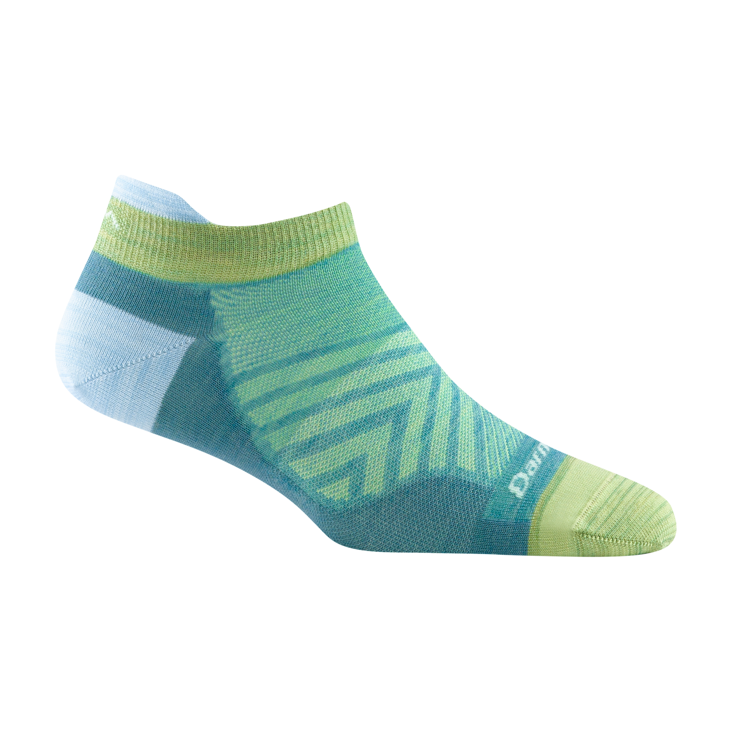1043 women's no show tab running sock in aqua with green toe, chevron forefoot and light blue heel and tab