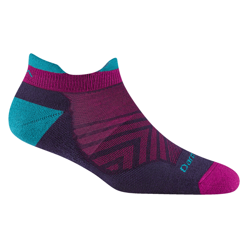 1047 women's no show tab running sock in blackberry with magenta toe and teal heel and tab accents