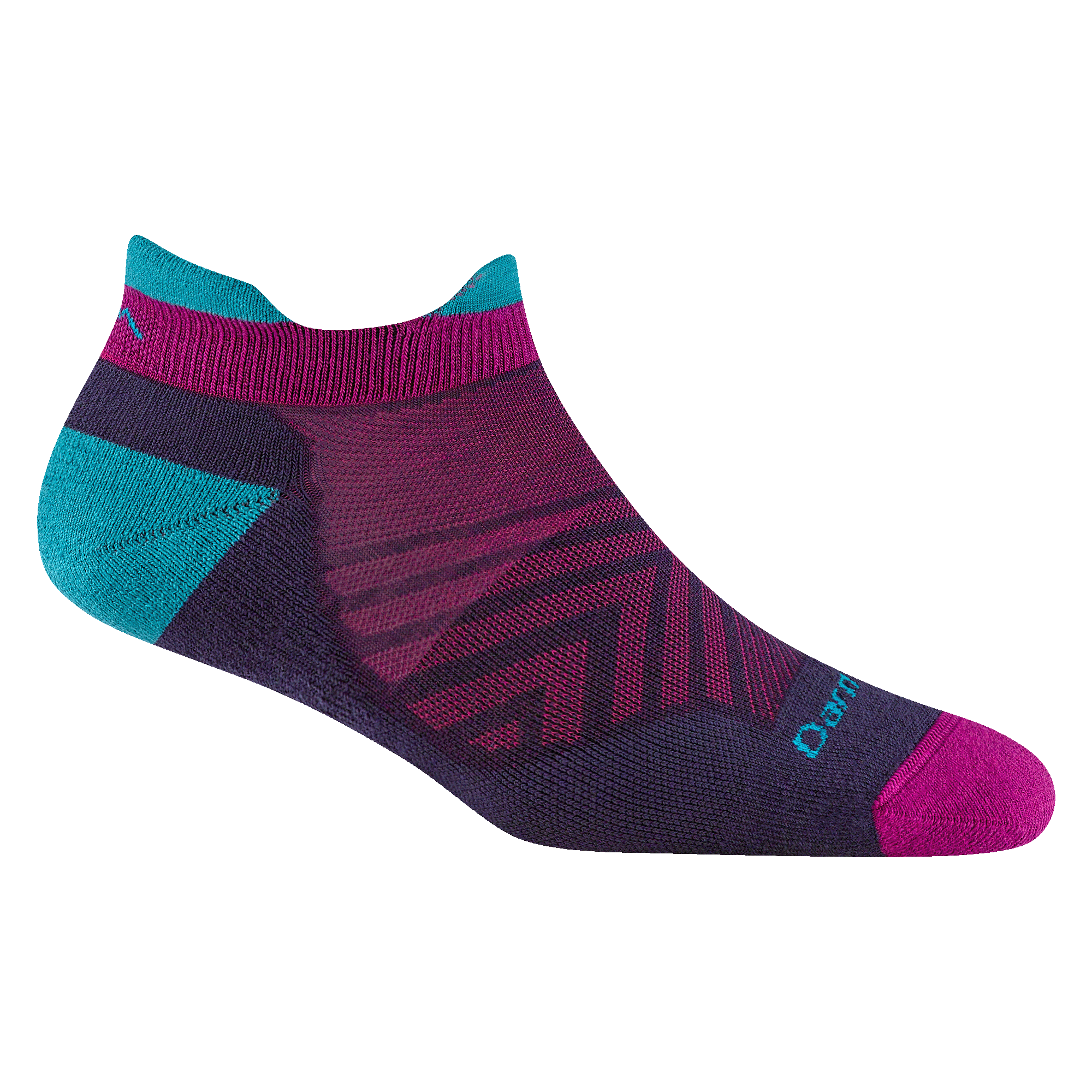 1047 women's no show tab running sock in blackberry with magenta toe and teal heel and tab accents