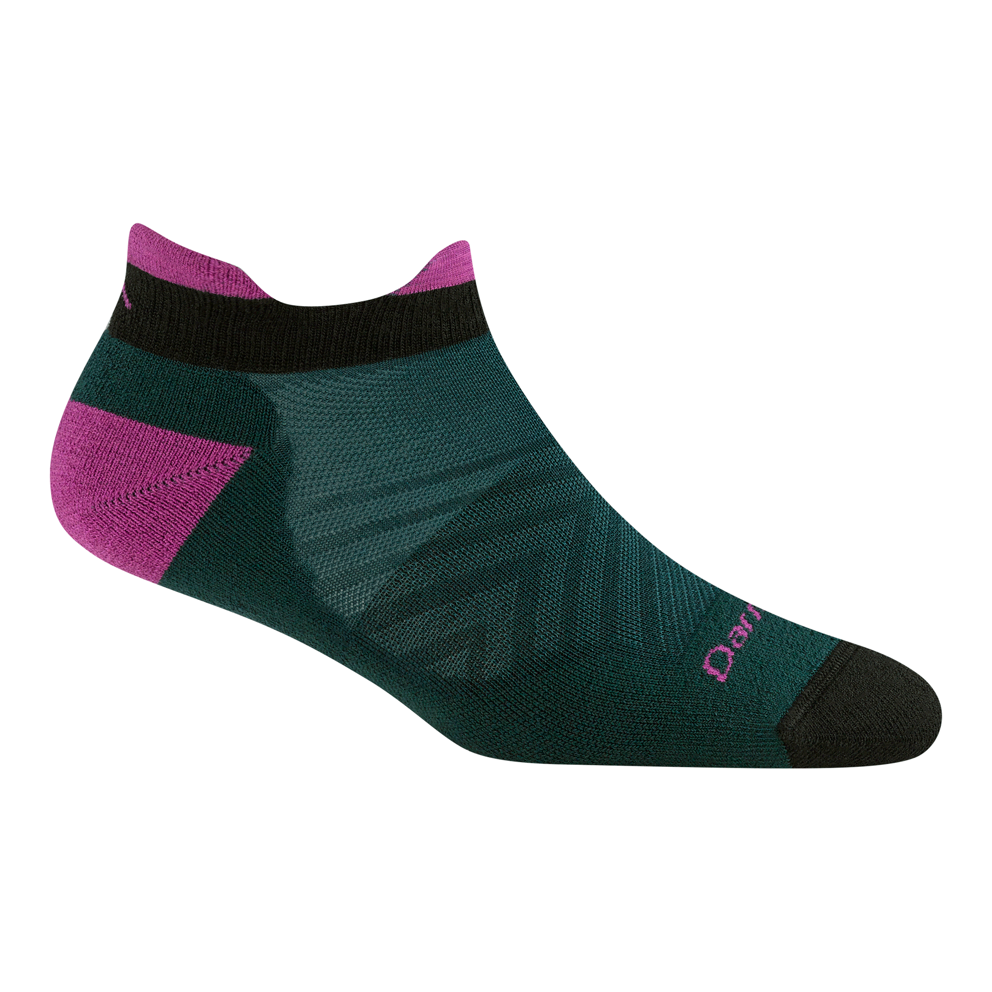 1047 Ultra-lightweight No show run sock in pine colorway featuring and dark green body black toe with a fuchsia heel/tab/logo 